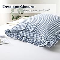 Vista 4 de Paquete de 2 fundas de almohada europeas a cuadros azul polvoriento, blanco, a cuadros, 100% algodón lavado, a cuadros, estilo francés, rústico