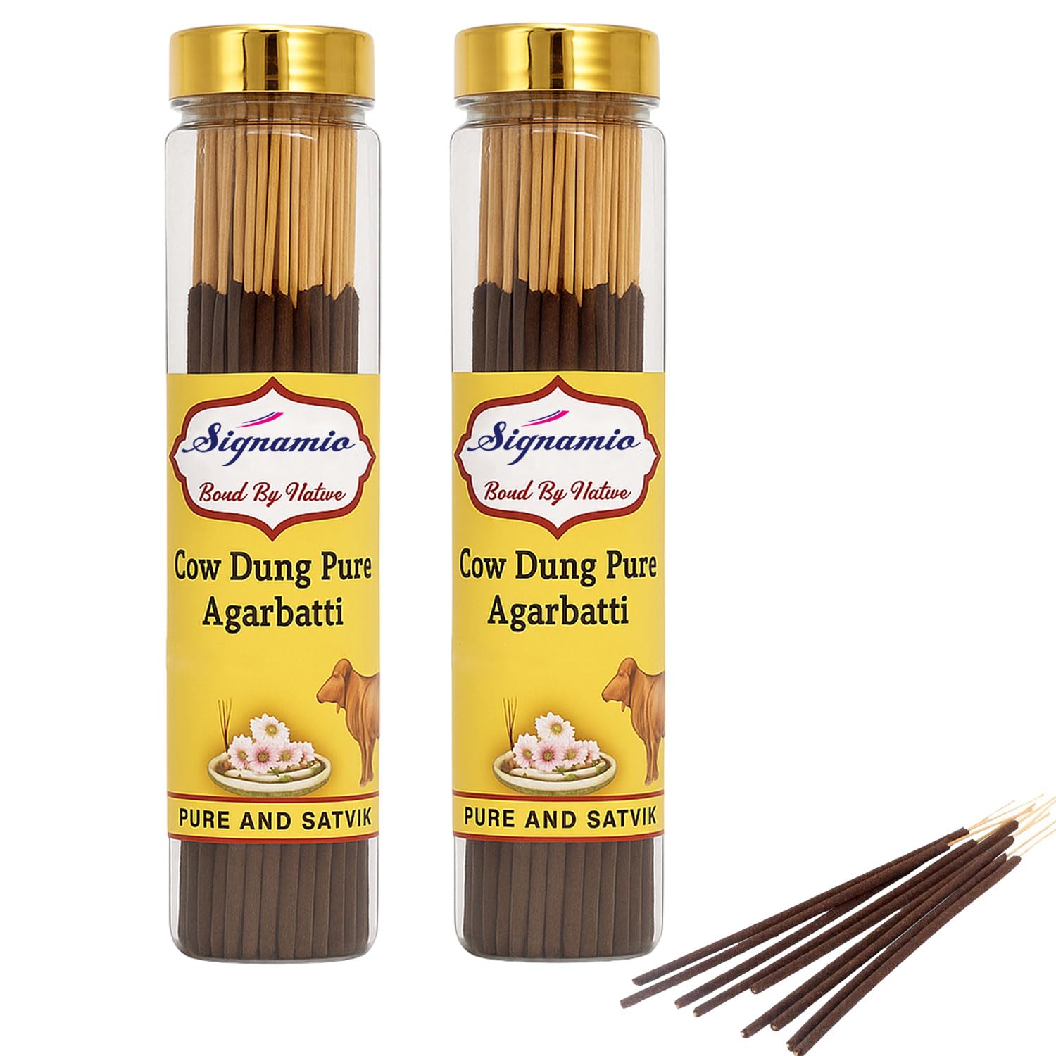 SIGNAMIO® Pure Organic Cow Dung Dhoop Agarbatti with Natural Herbs & No Charcoal,Incense Sticks,Agarbatti for Pooja,Desi Cow Dung Dhoop Batti,for Home,Office-(100g x 2 Bottle)