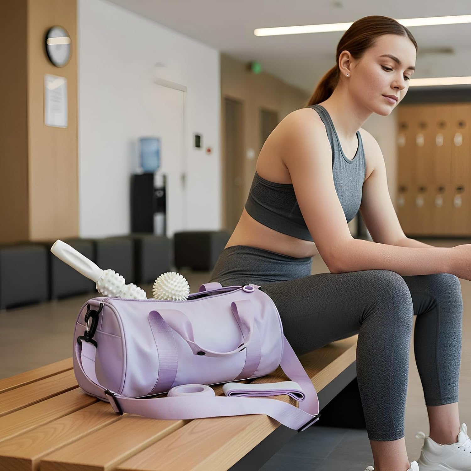 Gym Bag Kit For Women, 5 Pcs Stylish Sport Set, Portable Travel Workout Accessories With Yoga Band, Spiky Ball, Hand Grip & Roller Massage Stick