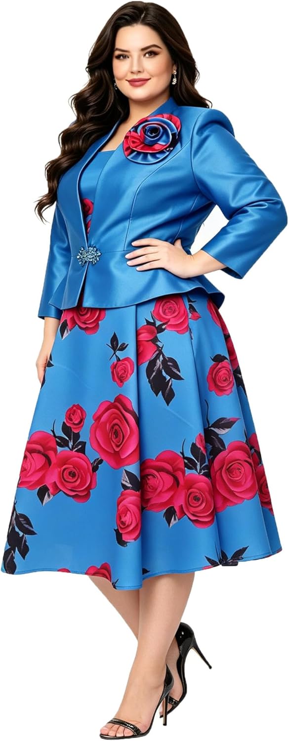 2 Piece Women's Dress Church Suit Geenlinm FASHlON Plus Size Elegant Floral Print Satin Formal Dress Suit Elegance Outfits
