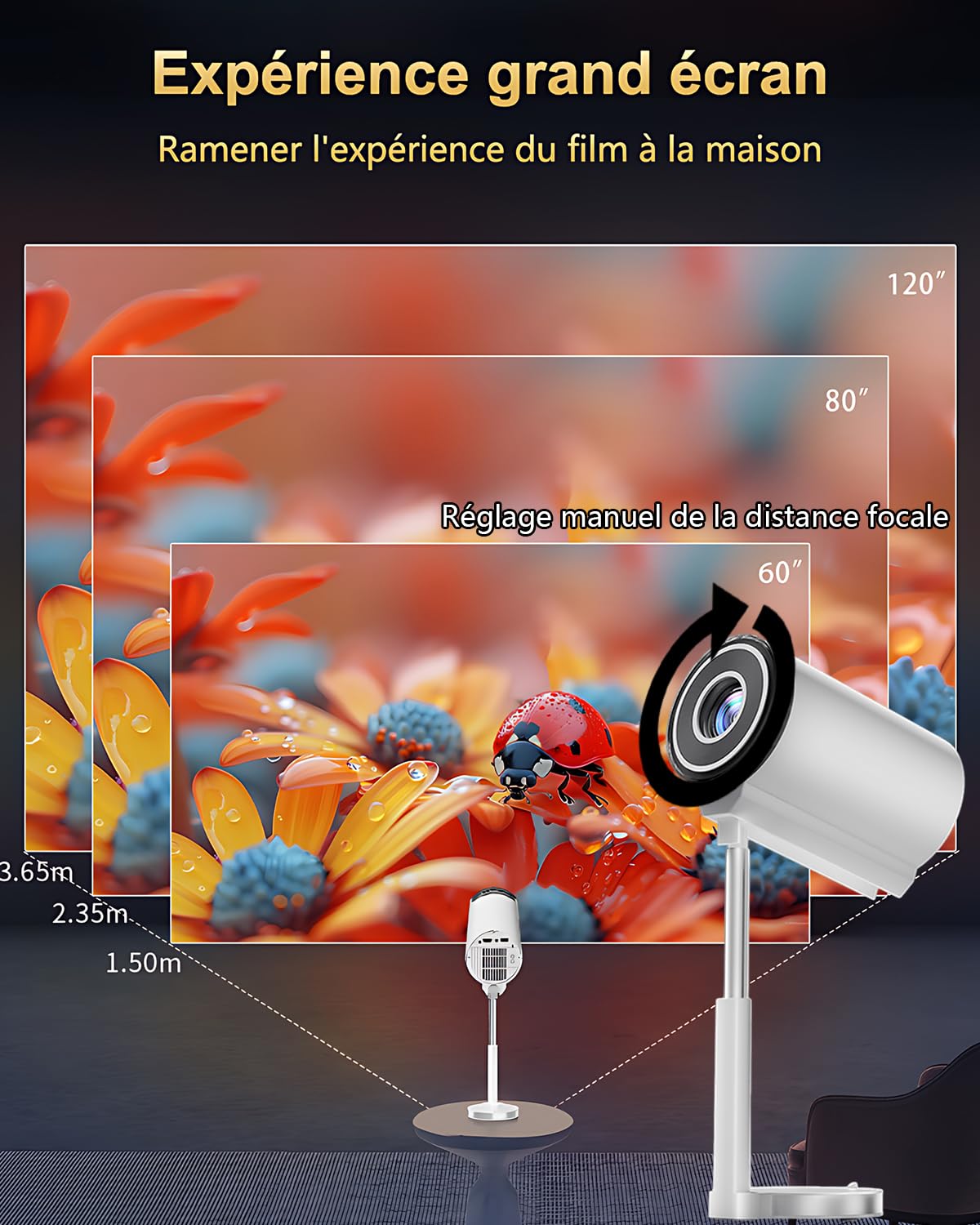 Vidéoprojecteur avec WiFi 6 et Bluetooth 5.4 Mini Projecteur Supporte 4K 1080P Rotation 90° Compatibile avec HDMI/USB/Laptop, Blanc, Trapézoïdale Horizontale Auto Correction