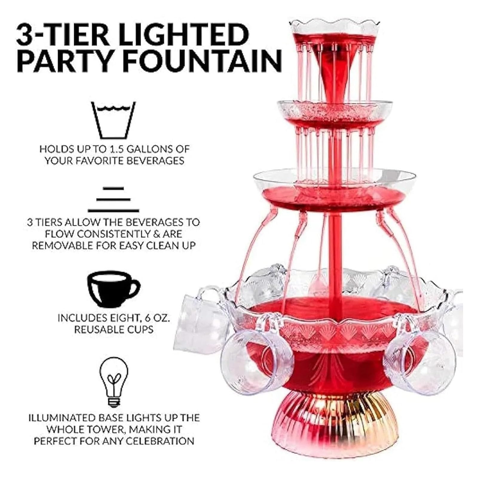 Fontana elettrica a 3 livelli, base illuminata a LED con 5 tazze riutilizzabili, capacità 1,5 galloni, fontana per champagne, vino, birra, succo, perfetta per matrimoni e feste