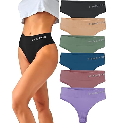 FINETOO 6-Pack String Tangas Dames Gainante Ventre Plat Ensemble de Cordes sans Couture String Respirant Femmes Slip Taille Haute sous-Vêtements Culottes Douces S-XL…