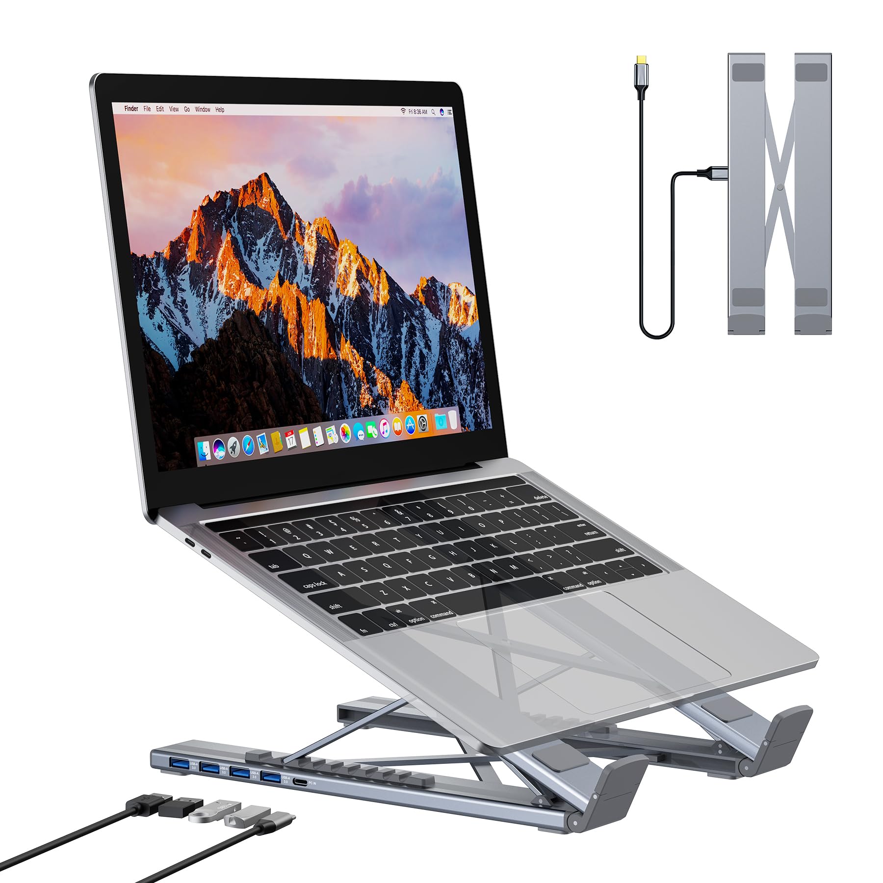 Mukiya 5-in-1 USB C Hub Adjustable Aluminum Laptop Stand | 4-Port USB A 3.0 with 5Gbps Data Transfer USB C Hub Docking Station [Charging Not Supported] for Mac Pro/Air/Dell/HP/Lenovo