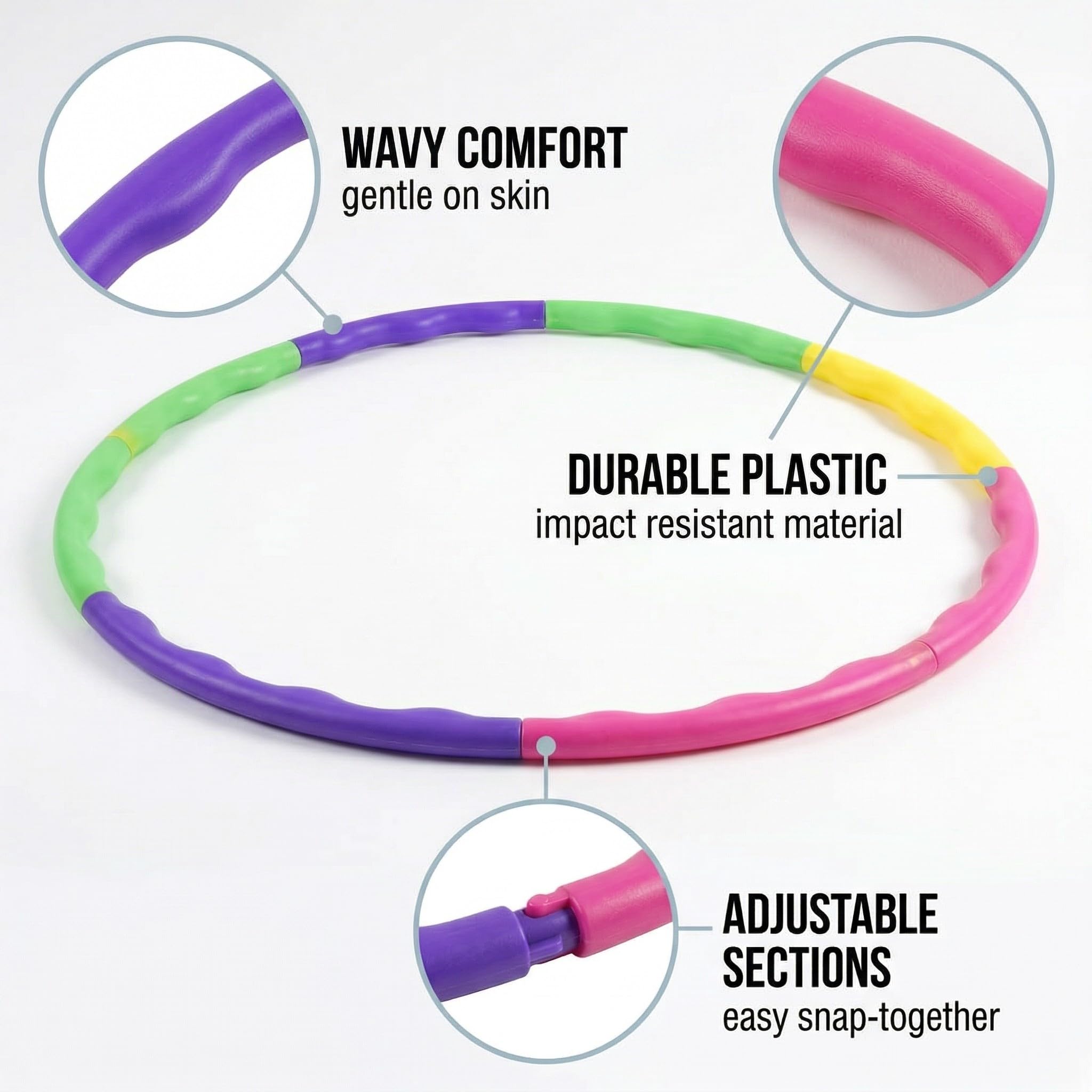 Questo cerchio da hula hoop smontabile ha 9 sezioni regolabili ed è adatto per ginnastica e fitness.