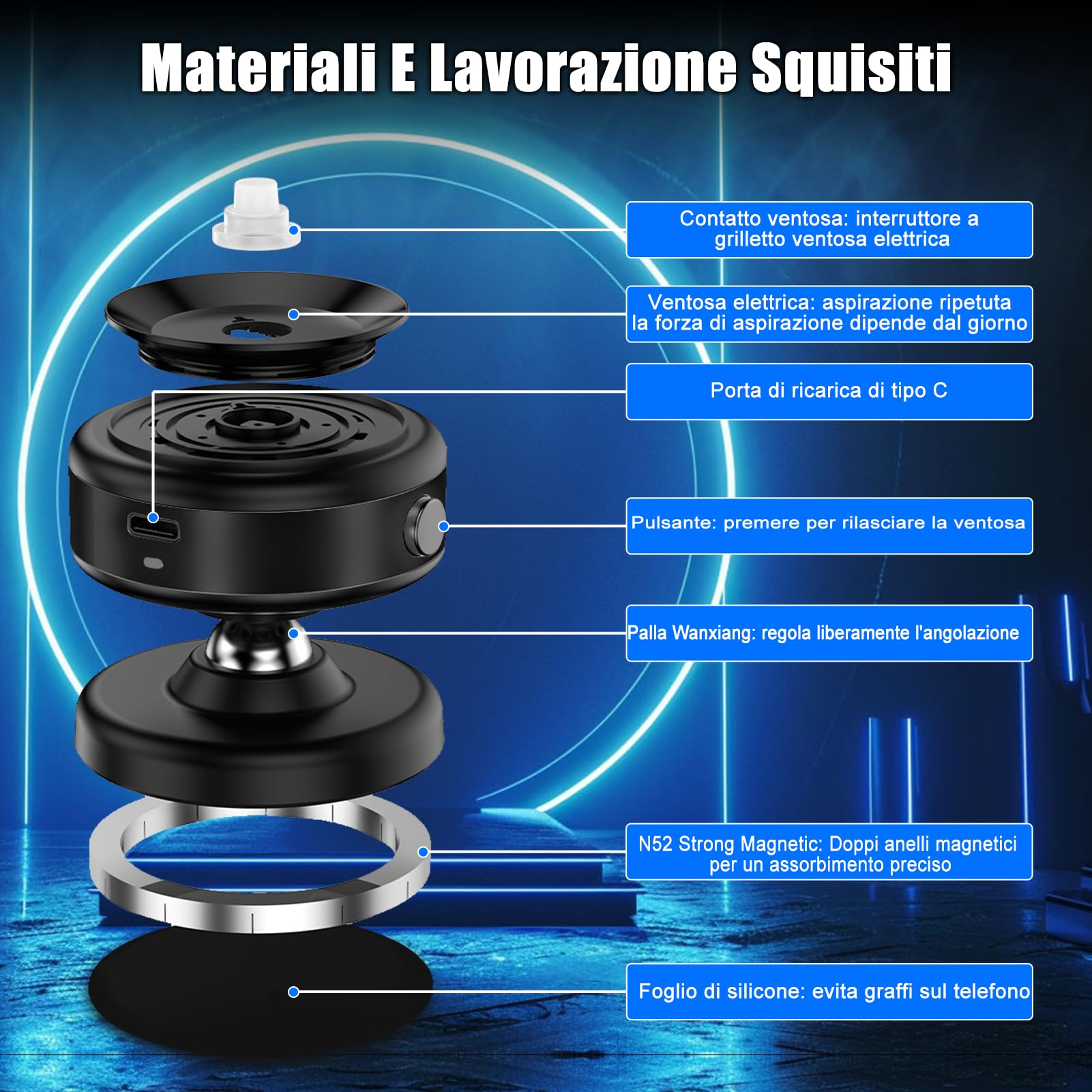 WODHMIEY Supporto Magnetico Sottovuoto Per Telefono Da Auto Con Rotazione A 360°, Design Double Face: Magnete E Vuoto, Adatto Per Auto, Case,Adatto Per metalliche (Nero, Ricarica)