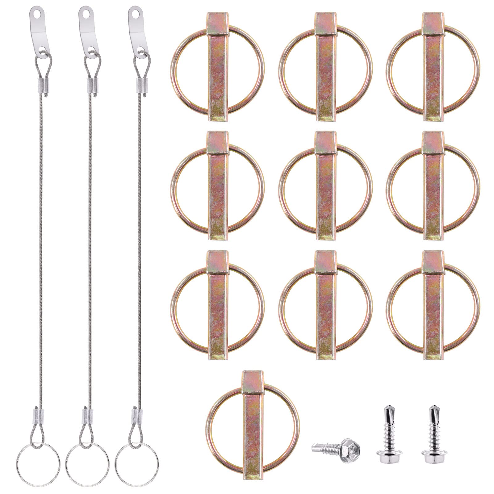 Swpeet 15Pcs 7/16 x 1"-3/4" Spring-Loaded Lynch Pin Linch Pin and Stainless Steel Lanyard Cables and Quick Release Ring with 410 Stainless Steel Self Drilling Sheet Metal Screws Kit for Farm