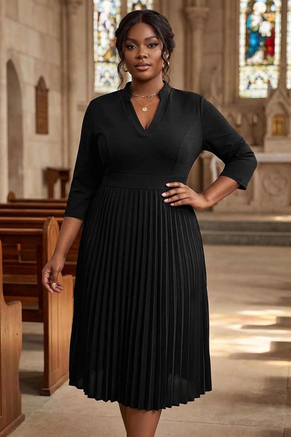 Nmoder Midi Dresses for Women, Cocktail Pleated Casual 3/4 Sleeve A-Line Church V Neck Elegant Dress - Image 2