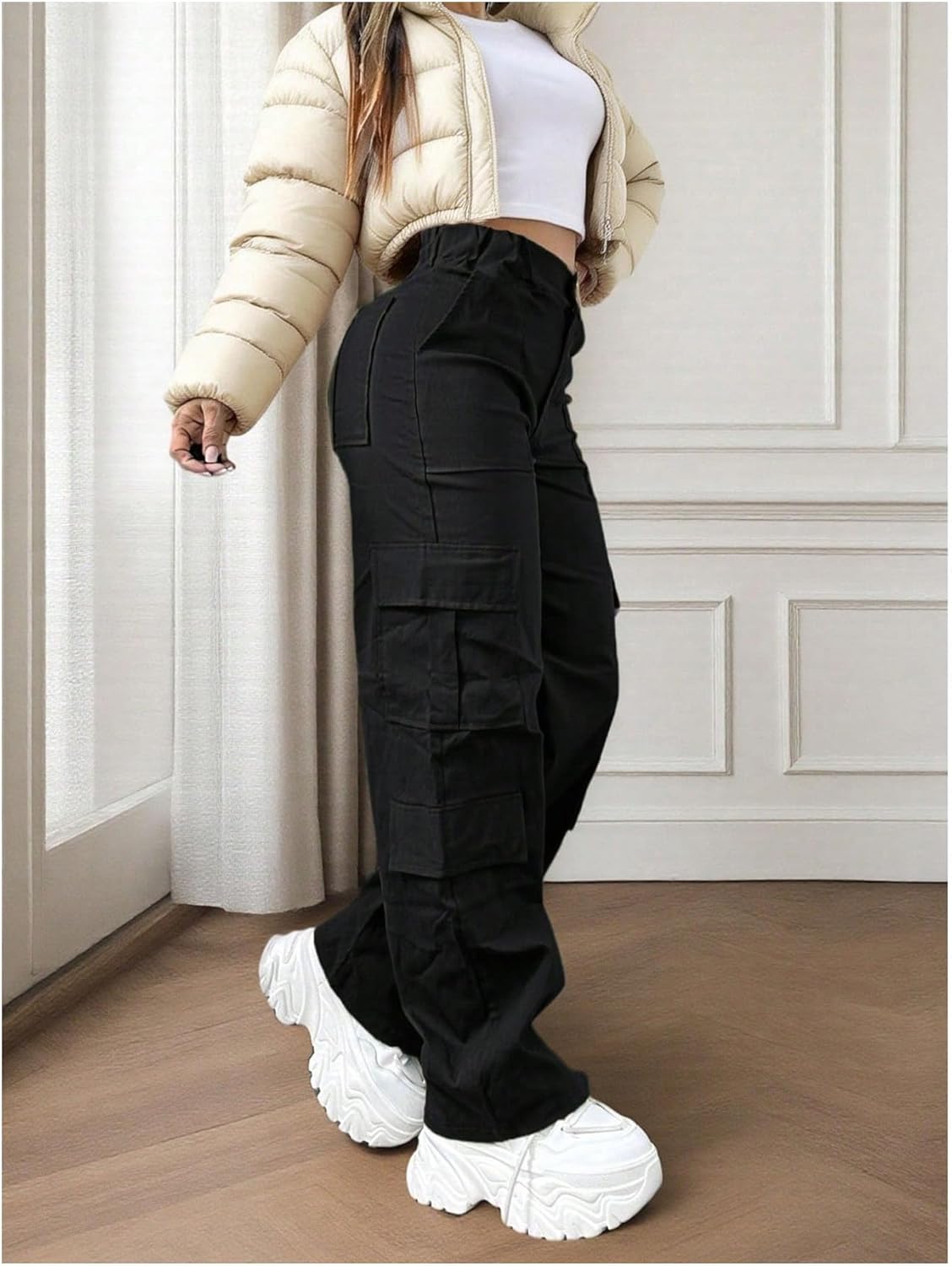 GORGLITTER Women's Cargo Pants High Waisted Parachute Pants Elastic Hiking Trousers Y2K Trendy Clothes with Pockets