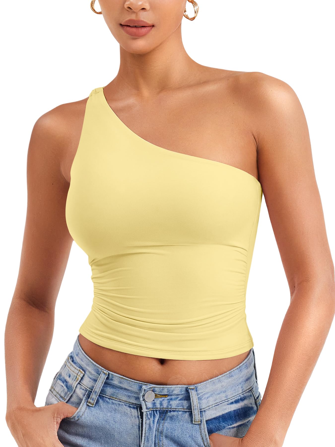 ZAAYO Damen One Shoulder Tank Tops Schulterfrei Oberteil Y2K Slim Fit Crop Top Sexy Sommer Tops Double Lined Sleeveless Cropped Tee Shirt