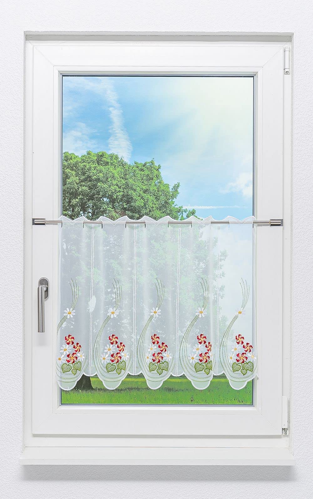 Plauener Spitze Scheibengardine Frühlingsblüten (Bx H) 231cm * 50cm Rot/Multicolor