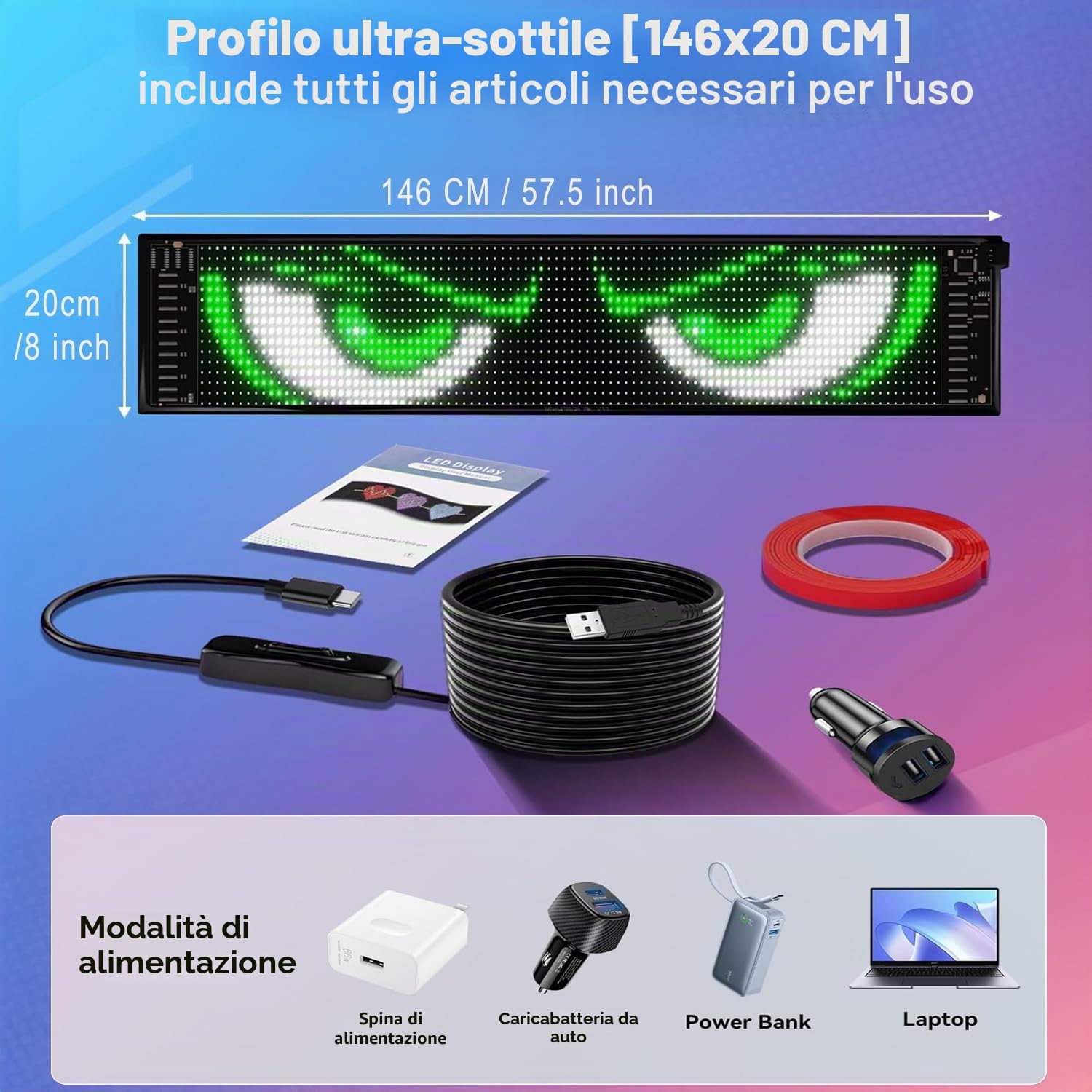 Grande lavagna flessibile a LED, 20 x 146 cm, con scritta RGB programmabile tramite app Bluetooth, pannello a matrice per auto, bar, pubblicità, ristorante, store, decorazione per feste