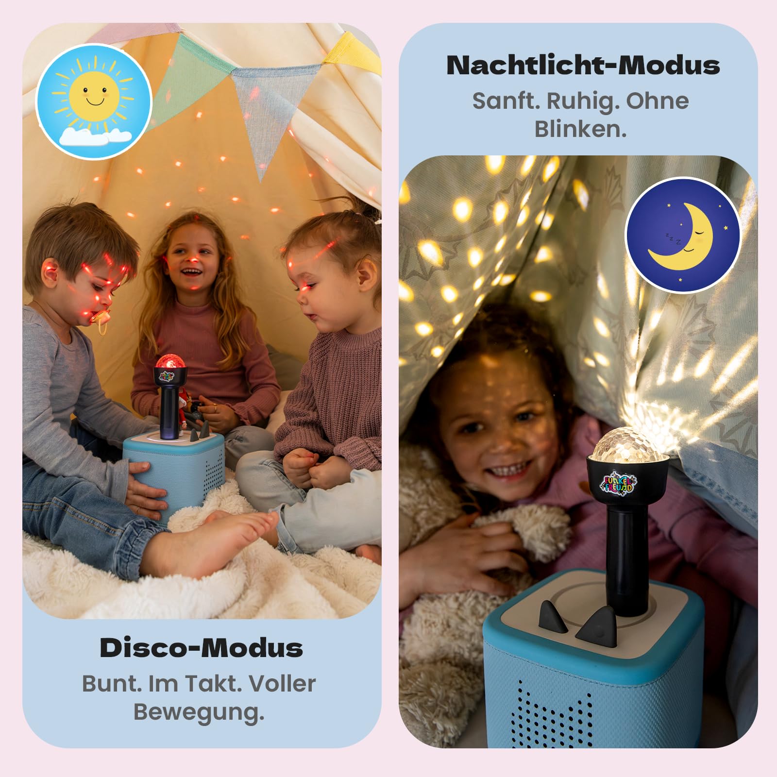 LED Licht für die Toniebox musikgesteuert | Kinderdisco & Nachtlicht | Kompatibel mit Toniebox 1 & 2 | Kabellos, Magnetisch, Ohne App | für Kinder ab 3 (Kinder-Diskolicht + Sticker)
