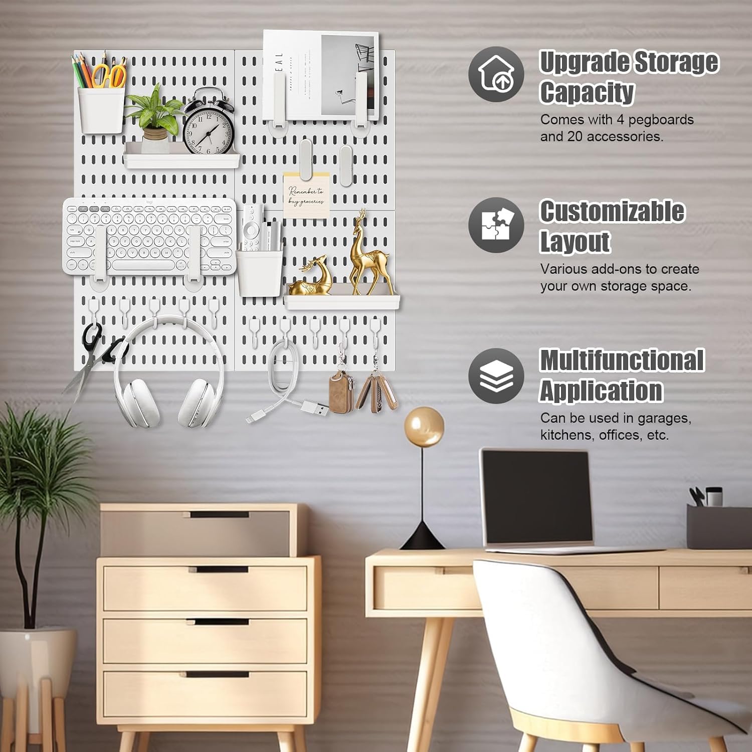 Stecktafel Set mit 4 Stecktafeln (30x30cm) + 20 Zubehör für Raumaufbewahrung, Organisation und Dekoration, Freie Kombination und Einfache Installation (Weiß)