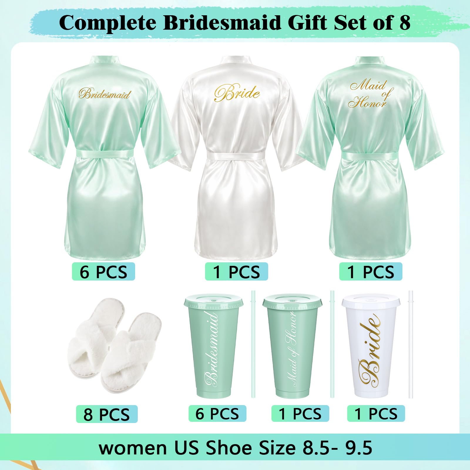 Bonuci 24-teiliges Bademantel-Set für Brautjungfer, Braut, 8 Stück, Braut-Bademäntel, flauschige Hausschuhe, Trinkbecher für Hochzeit, Junggesellinnenabschied
