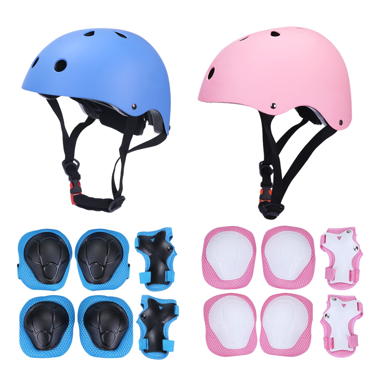 7 in 1 Kids Helmet and Pads Set 3-8 Years Old Adjustable Kids Knee Pads Elbow Pads Wrist Guards for Scooter Bike Cycling Skateboard Roller Skating Boys Girls Toddler(Blue+Pink(2sets))
