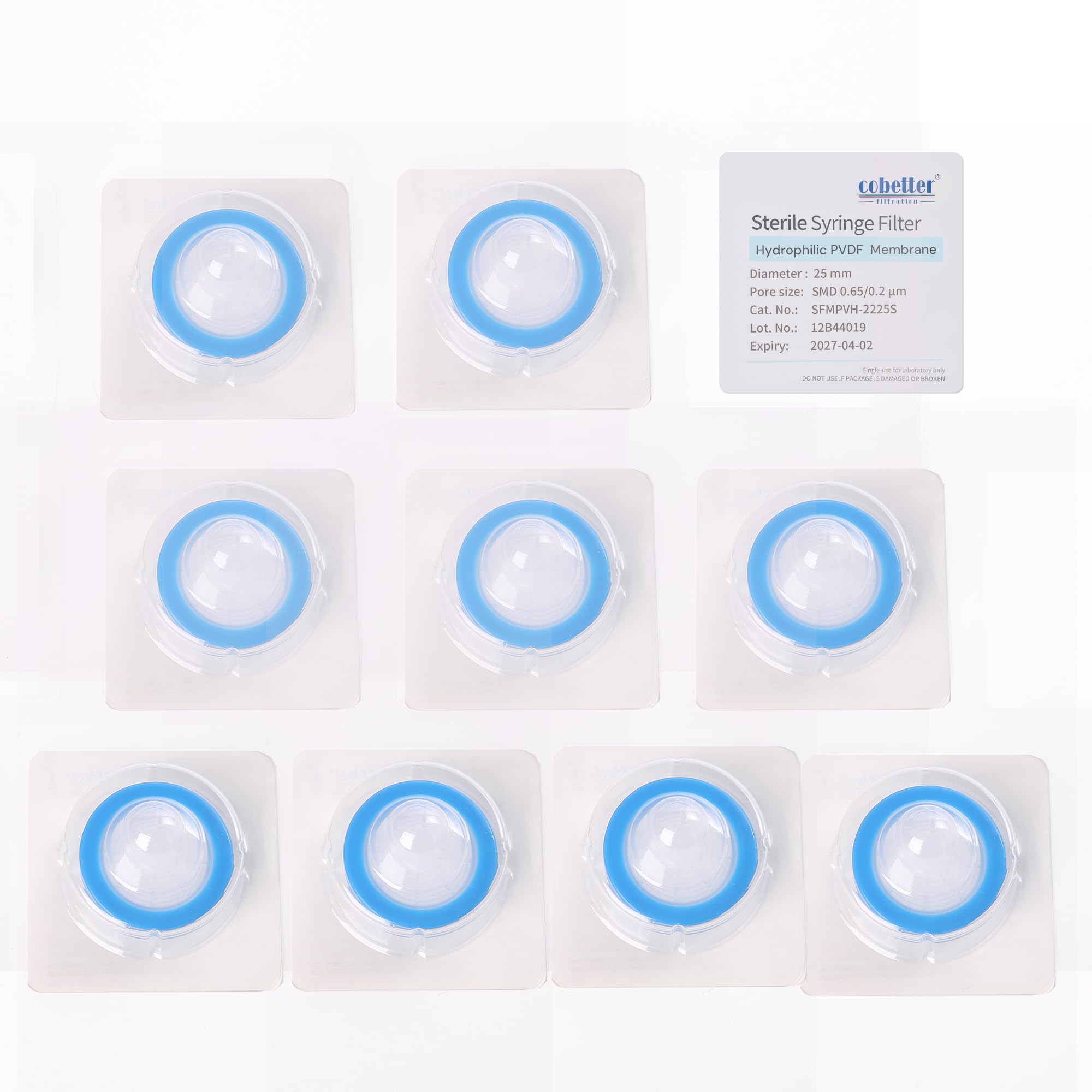 COBETTER 10 pcs/PK Sterile Syringe Filter Double-Layer Hydrophilic PVDF Membrane 0.2μm Lab Filters 25mm Diameter Individually Packed, Blue