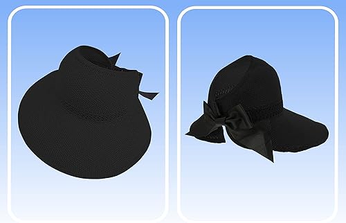 Miniatura 2 de Visera solar de paja para mujer, ala ancha, protección UPF 50+, sombrero de playa, ajustable, plegable, gorra de cola de caballo con correa para la