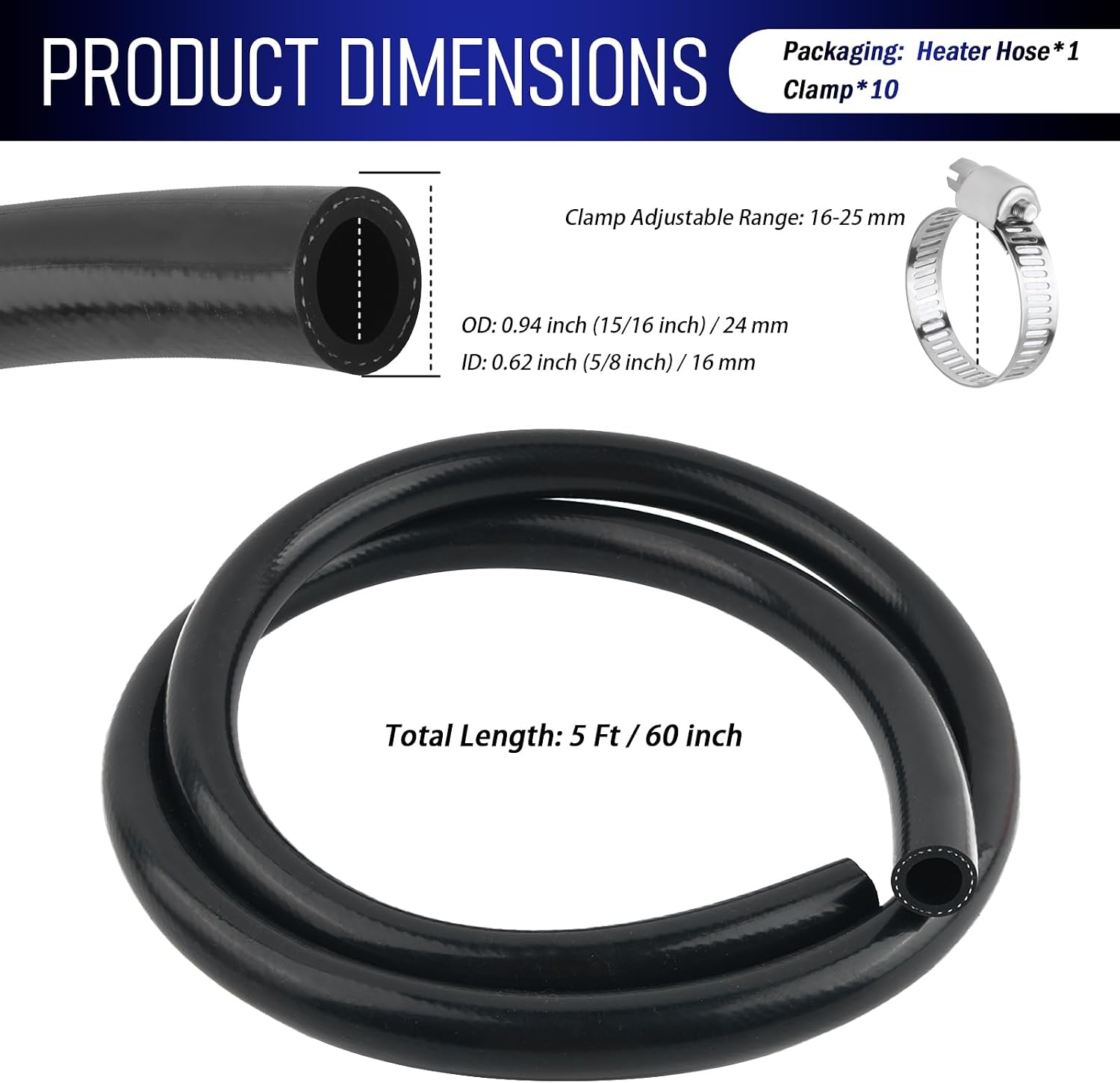 5Ft Car 5/8 Heater Hose Kit with Clamps,16mm ID & 24mm OD 5/8 Silicone Heater Hose for Water/Air Transportation,Universal Heaters Core Hoses with Working Pressure 250 PSI