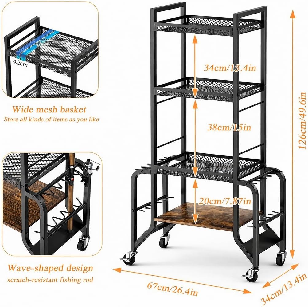 Cyfie 4-Tier Fishing Rod Rack for Garage and Pool Room Storage, Mobile Fishing Rod Holder for Organizing Rods, Fishing Gear, and Tackle, Heavy Duty Design for Indoor & Outdoor Use