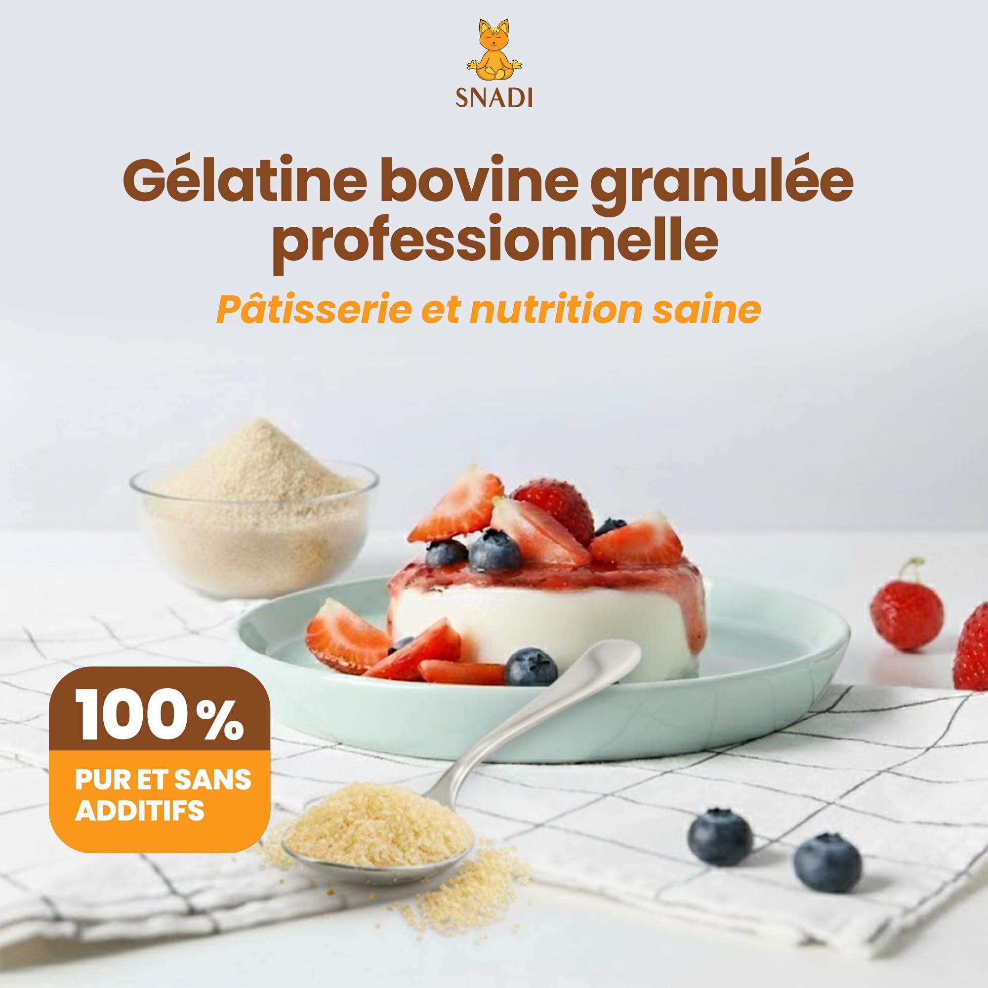 Snadi Gélatine Bovine Granulée | 1 kg | 100% Pure, Sans Saveur et Qualité Professionnelle | Riche en Acides Aminés Précurseurs du Collagène | Pâtisserie, Desserts et Sauces | Dissolution Facile et Te