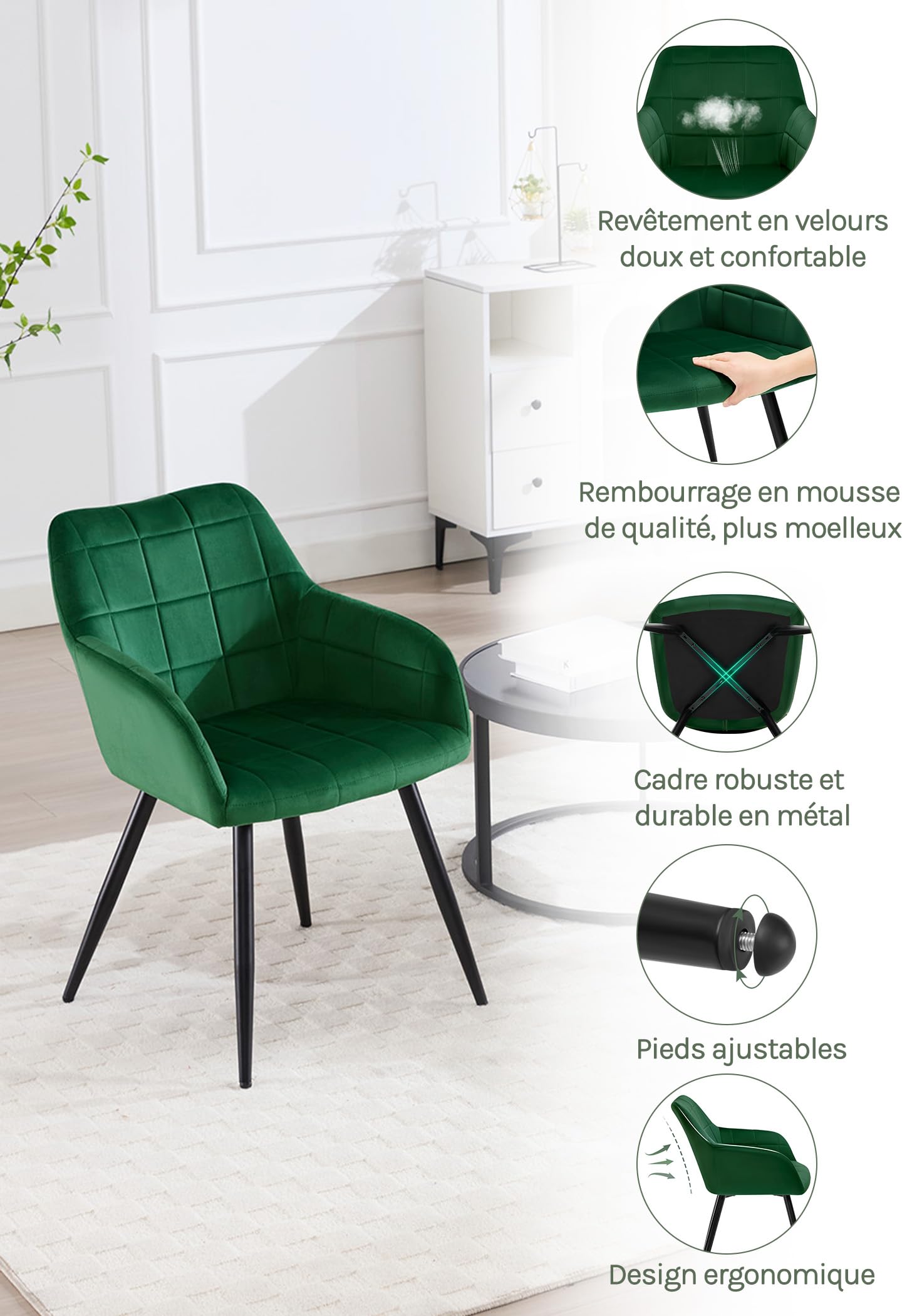 WOLTU Lot de 6 Chaise de Salle à Manger, Chaise de Cuisine rembourrée en Velours, Pied en métal,Vert Foncé.