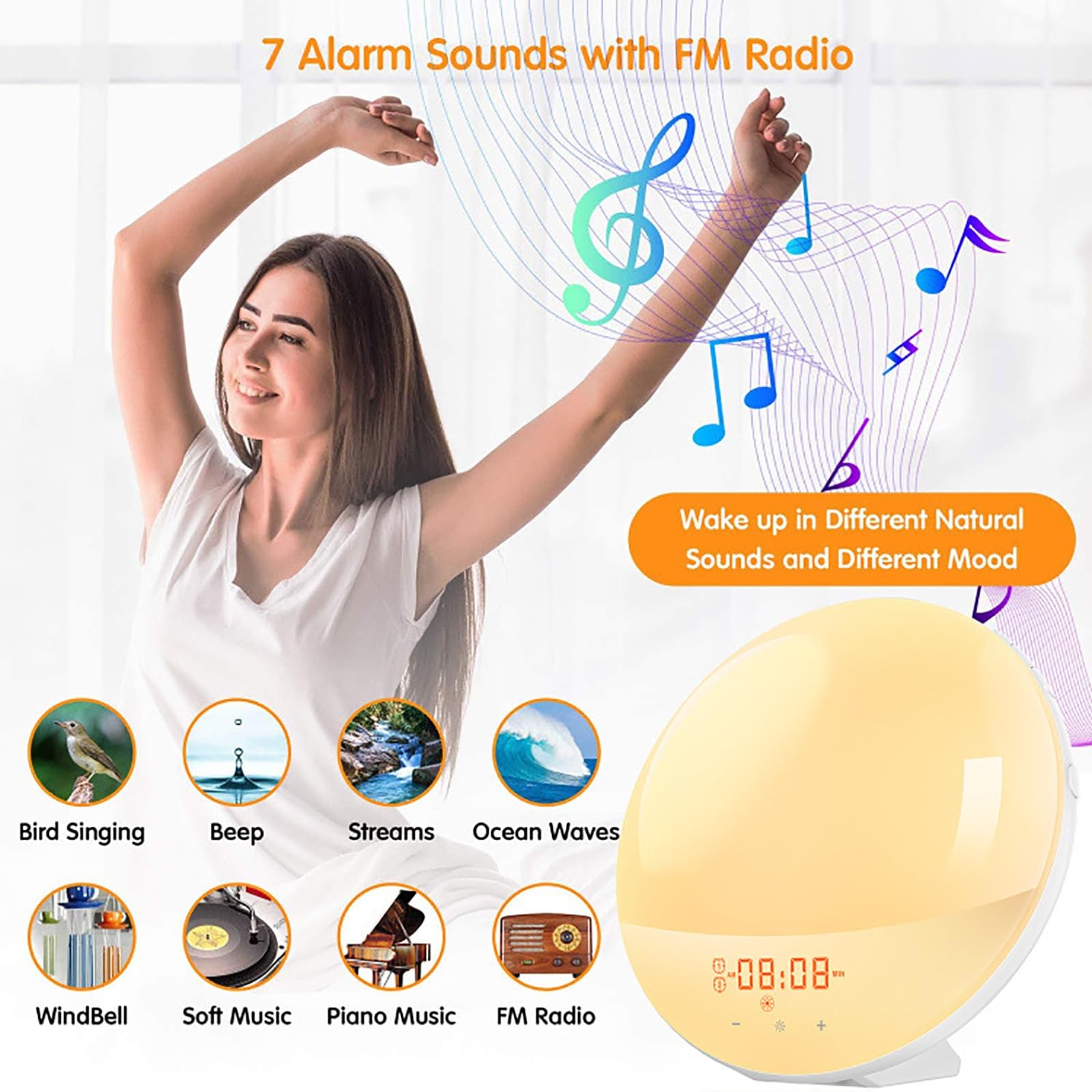 Reloj Despertador Amanecer, Luz Despertadora con Simulación De Amanecer, Radio FM, Alarmas Dobles y Ayuda para Dormir Snooze, Máquina De Sonidos De Ruido Blanco para Dormir Pesado