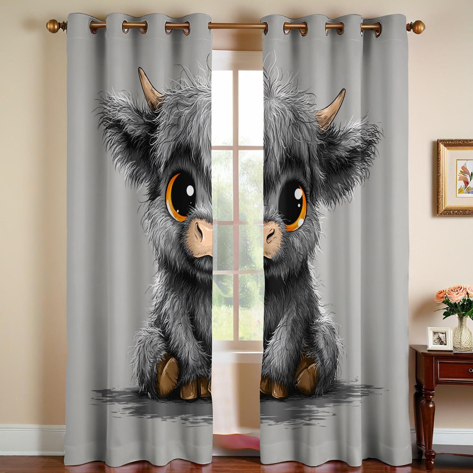 Grau Verdunkelungsvorhänge Blickdicht Thermovorhänge Karikatur, Hochlandrind mit Ösen, Wärmeschutz Energiespar Gardinen für Kinderzimmer Wohnzimmer, 2er Set H229 x B117 cm