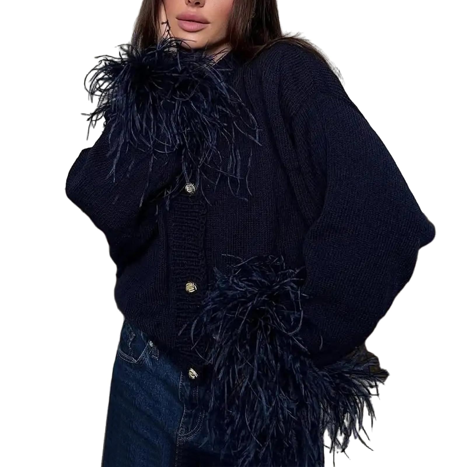 HOULENGS Womens Fur Fringe Trim Crew Neck Cardigan Sweater Long Sleeve Button Down Sweater Coat Trendy Holiday Knit
