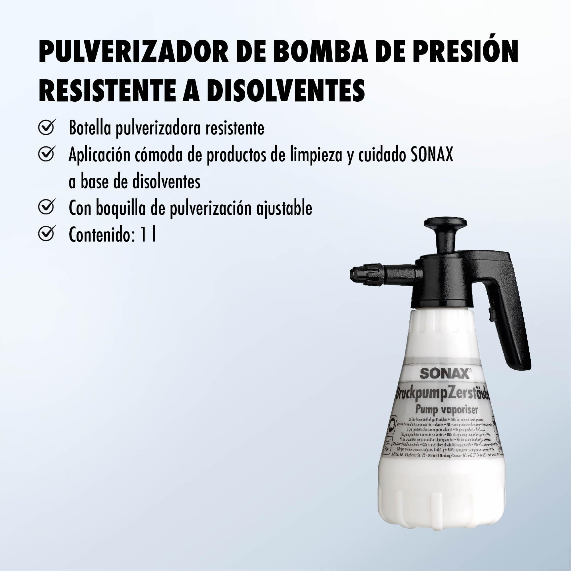 SONAX Pulverizador de Bomba (1 Unidad) de presión Resistente a los disolventes 1 Litro | N.° 04969000