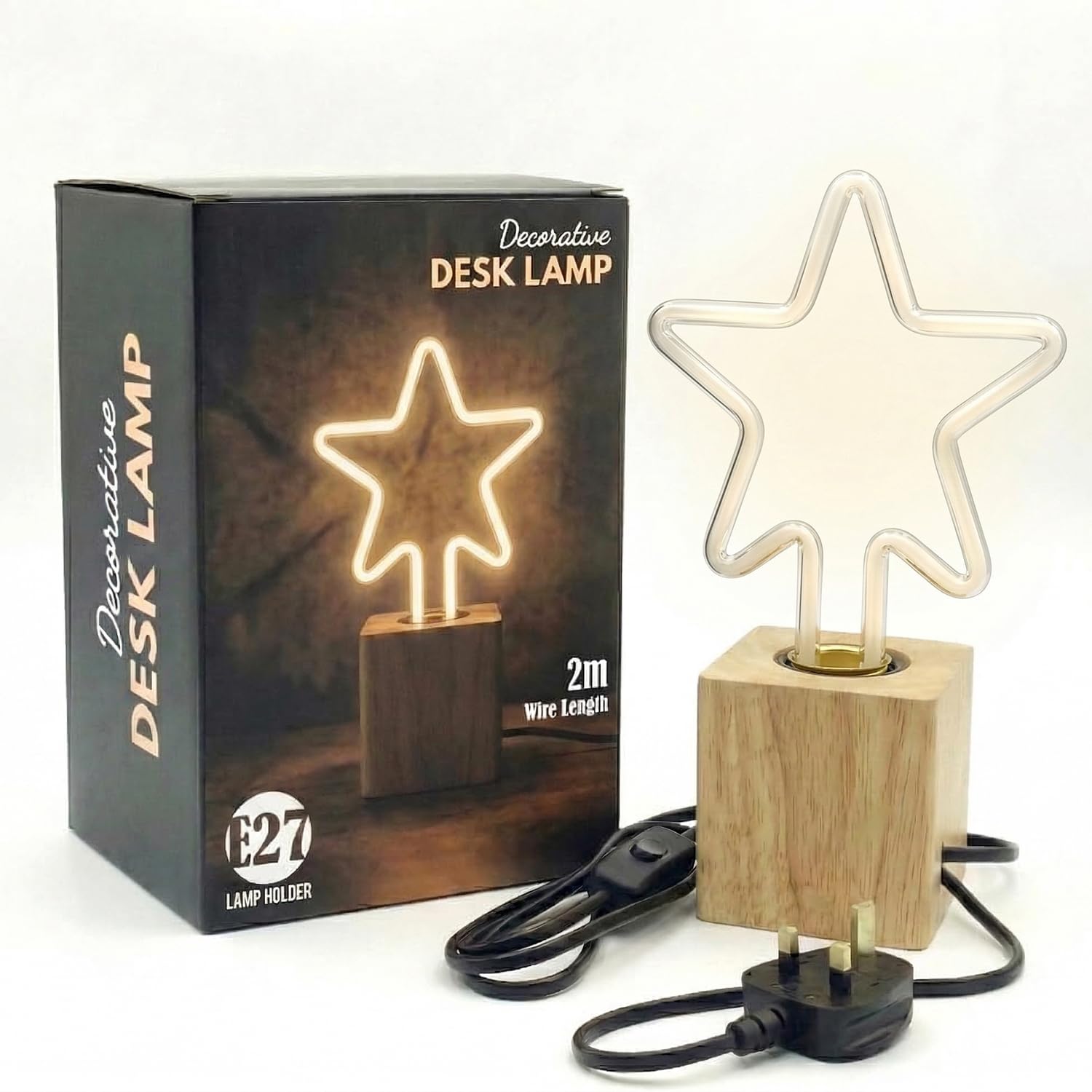 Wooden Table Lamp with Decorative Bulb – Bedside & Desk Light, E27 Holder, UK Plug with On/Off Switch, Natural Wood Base, Warm Ambient Lighting for Bedroom, Living Room & Office, Home Décor Gift