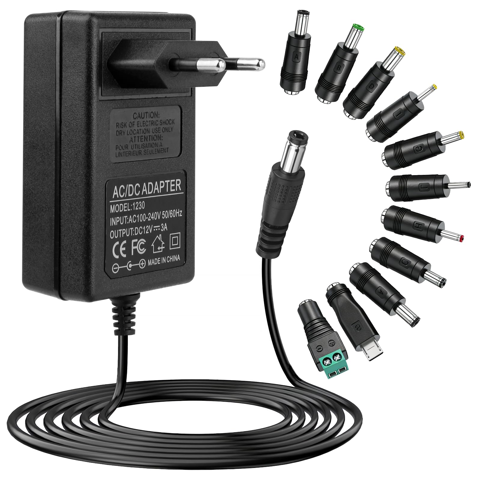 Uniwersalny zasilacz 12V 3A 36W AC-DC 100-240V | Transformator zasilający z 11 wymiennymi złączami do taśm LED, routera, kamery CCTV, ekran komputera