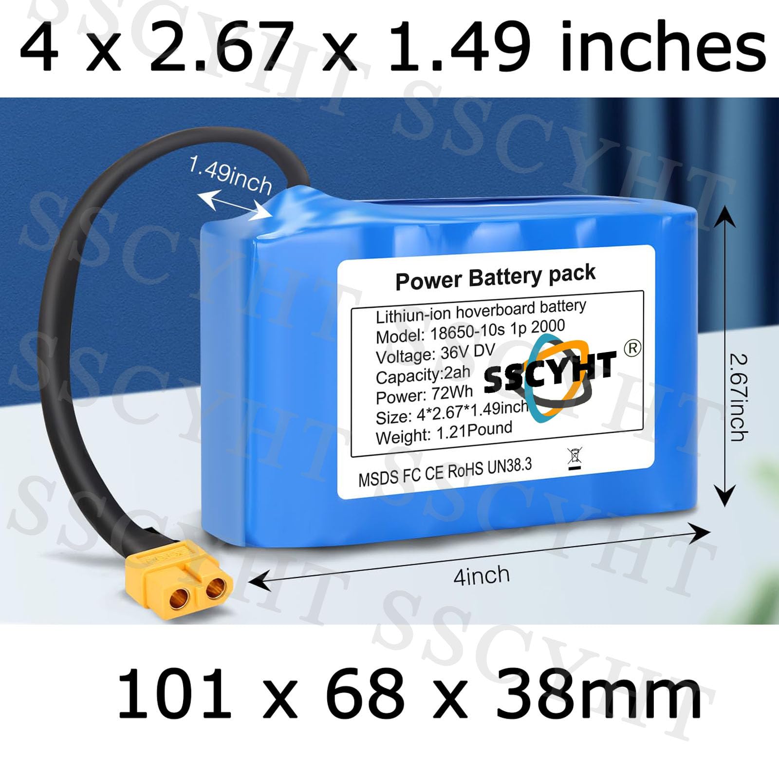 36V 2Ah/2000mAh Ersatz-Lithium-Akku (10S1P) für Hoverboards (36 Volt) mit XT60-Stecker, geeignet für 0-72Wh Balance-Cars, Einräder und Scooter.