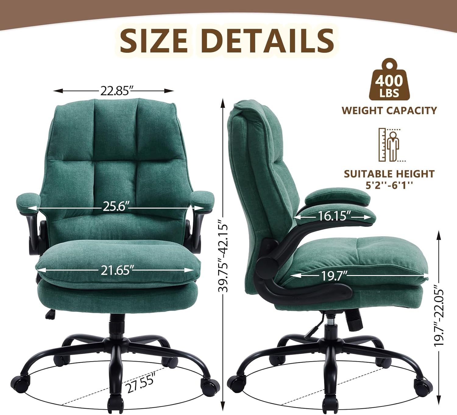 Comfy Office Chair Soft and Double Cushioned Ergonomic Computer Desk Chairs for Long Hours Executive Office Chair with Flip-up Armrests and Height Adjustment for Home Office Green