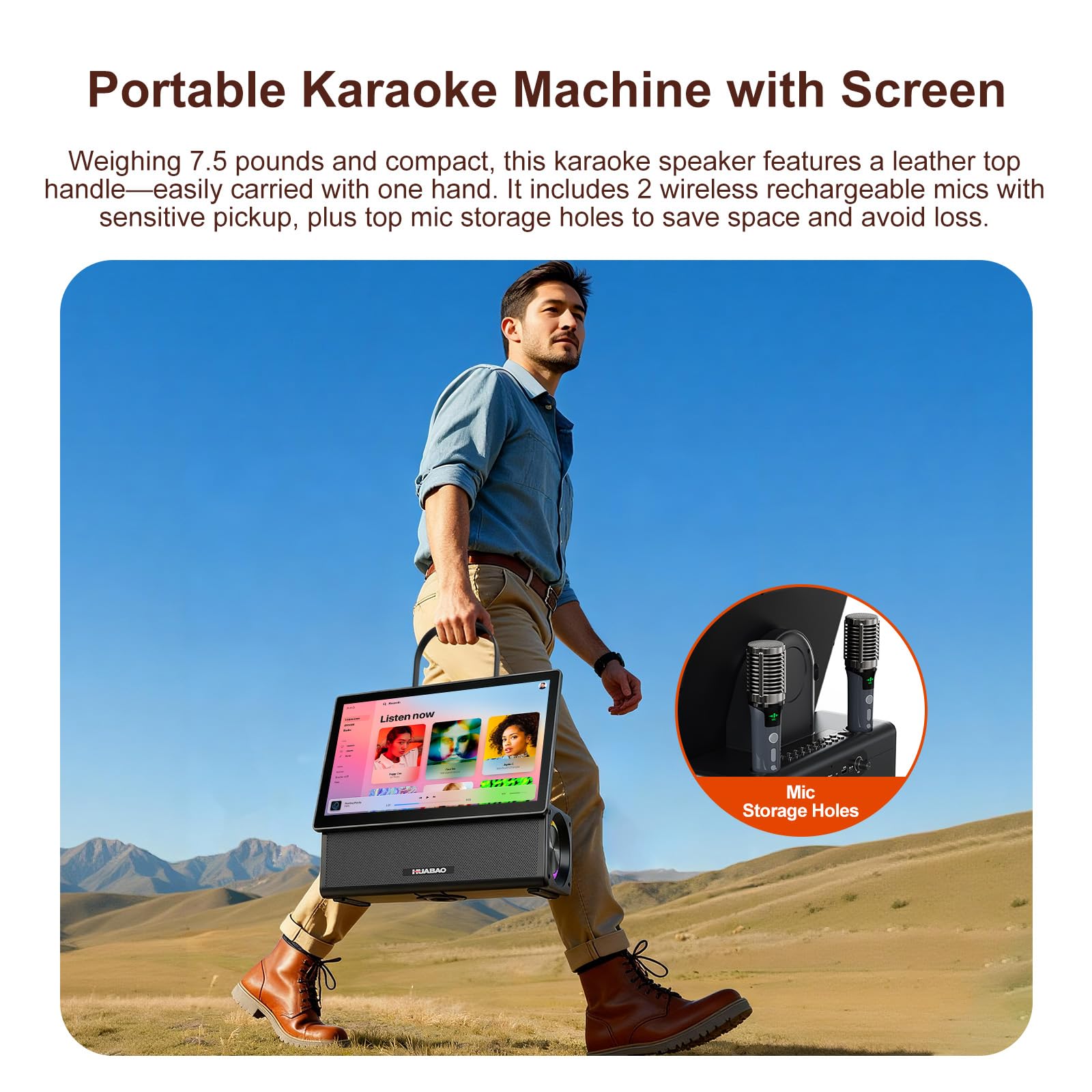 Tragbare Karaoke-Maschine mit 14,1-Zoll-HD-Drehbildschirm, kabelloser Bildschirmspiegelung für Android und iOS, Bluetooth-Party-Lautsprecher mit Liedtextanzeige und Beleuchtung, 2 Mikrofone