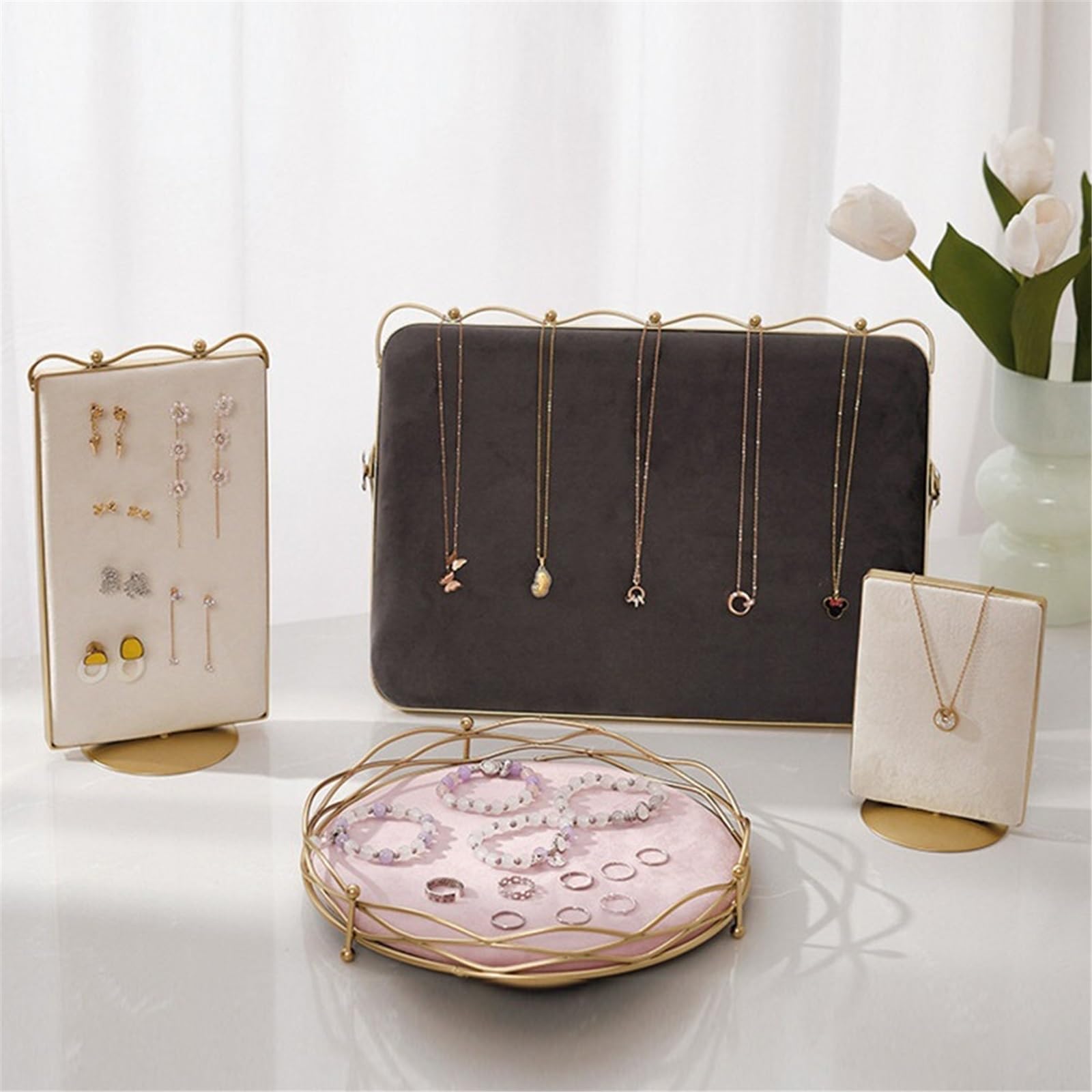 Espositore Gioielli Collana di Gioielli con Vassoio portaoggetti in Velluto Organizer Gioielli | Espositore for copricapi(Grijs,Grande)
