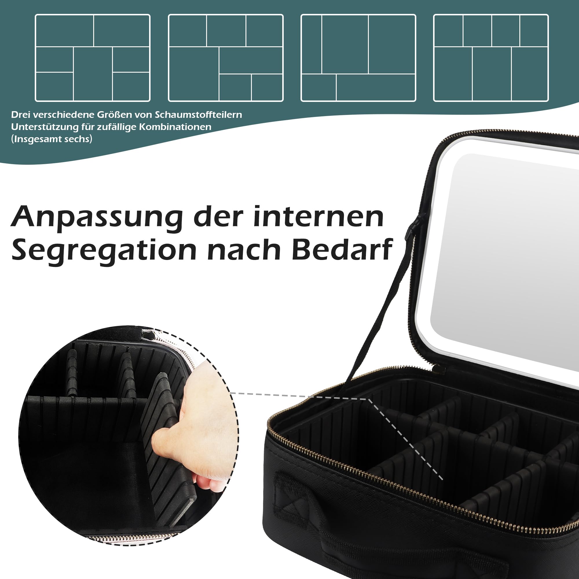 MOMIRA Reise-Make-up-Tasche Kosmetiktasche mit beleuchtetem Spiegel, Einstellbarer Helligkeit in 3 Farbszenarien, wasserdichte Makeup-Trainingsbox, Geschenk für Frauen - Schwarz