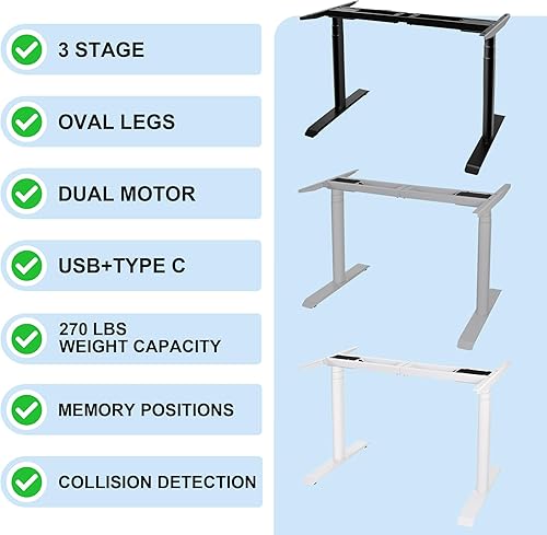 Miniatura 4 de Fromann Marco de escritorio eléctrico de 3 niveles con patas ovaladas de doble motor, altura ajustable, con puertos USB A+ C, resistente 300 libras,