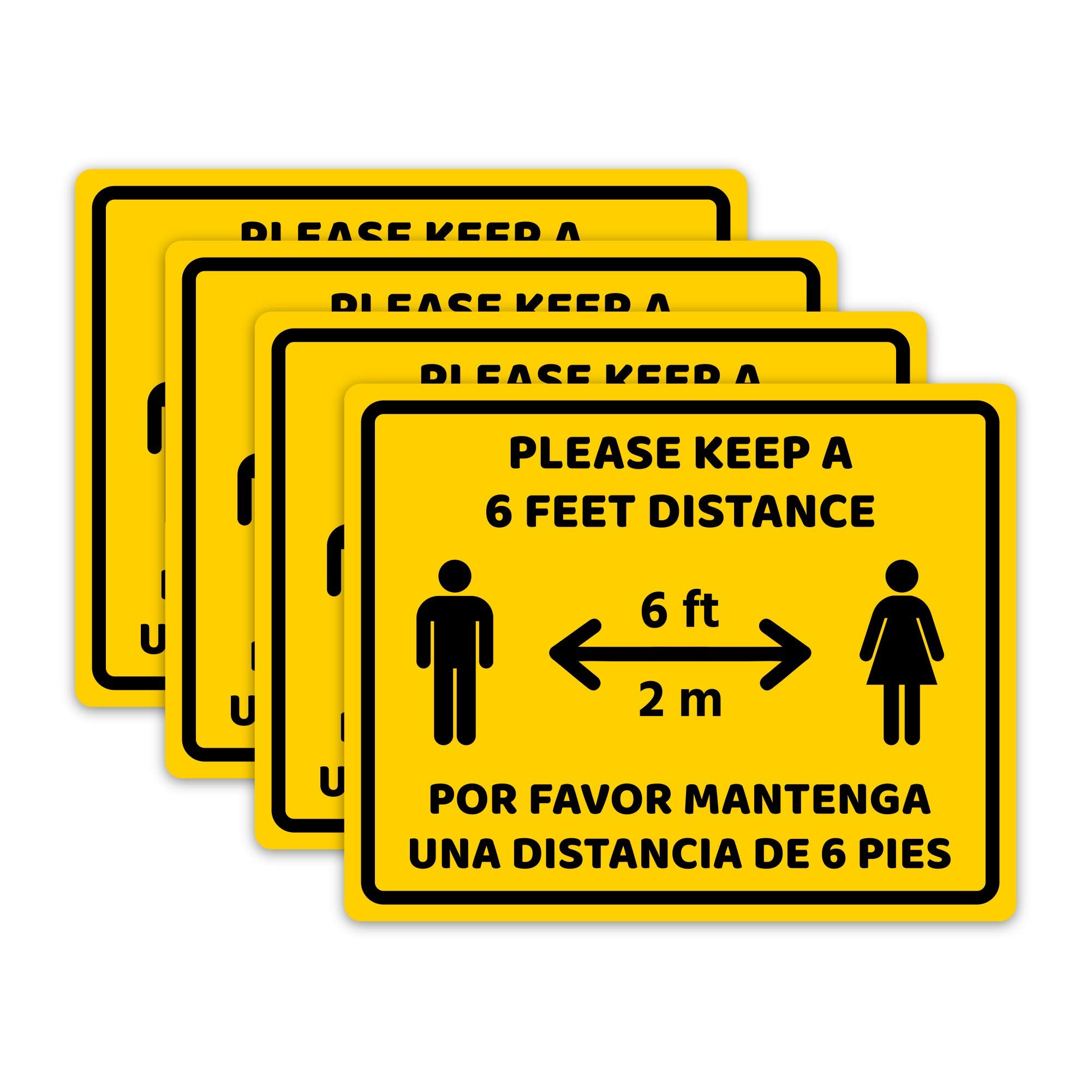 Hot4TShirts Social Distancing Sign 4 Pack — Please Keep 6 Feet Apart Vinyl Stickers — Maintain 6 Feet Distance Bilingual Wall Decals 10"x8" Yellow