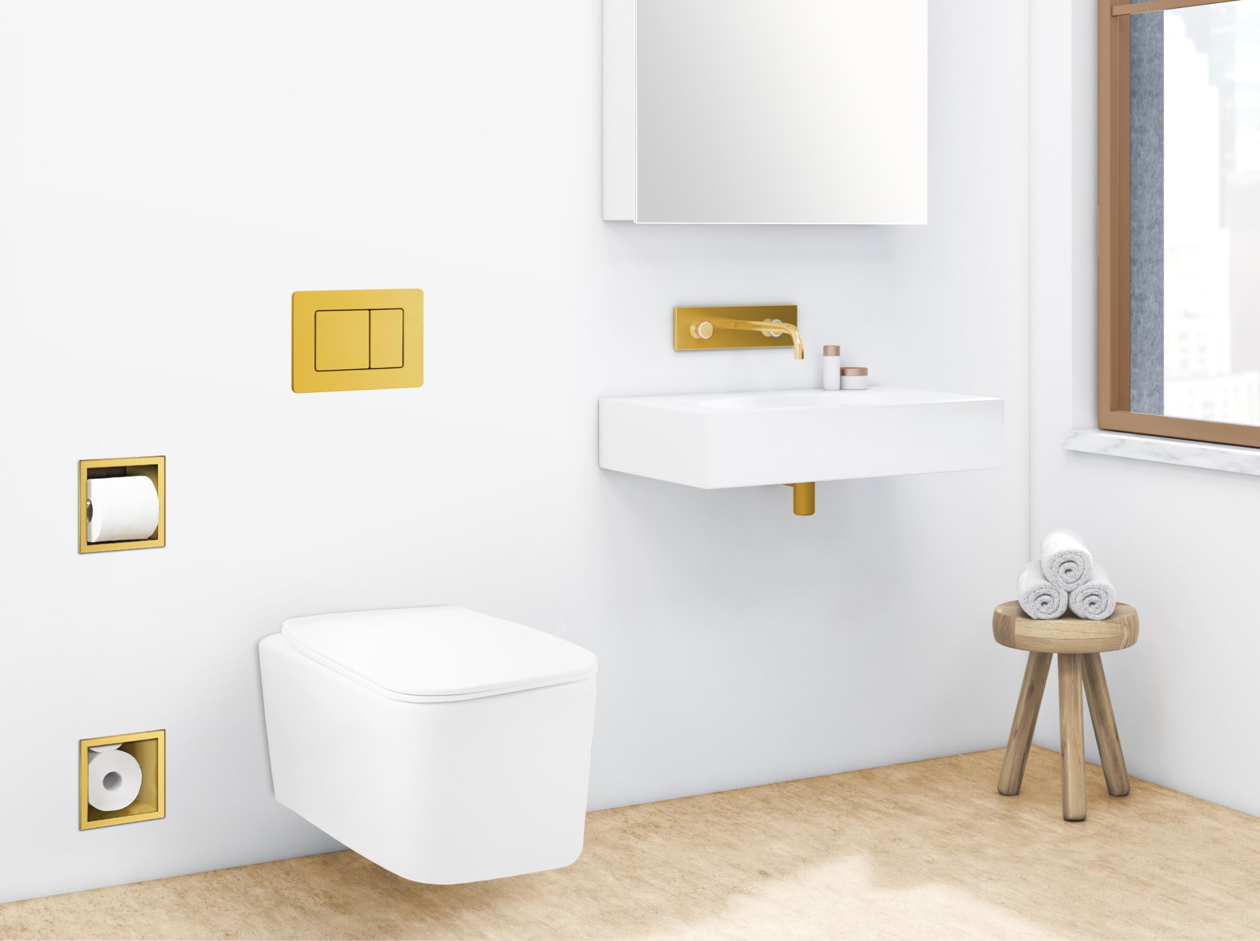 Porta Carta Igienica con Rivista per 6 Rotoli, Porta Carta Igienica per Bagno, Installazione a Parete, Oro, Acciaio Inossidabile, 74x20.8x14.75cm, Installazione Ad Incasso Wall-Box Paper 2 Oro