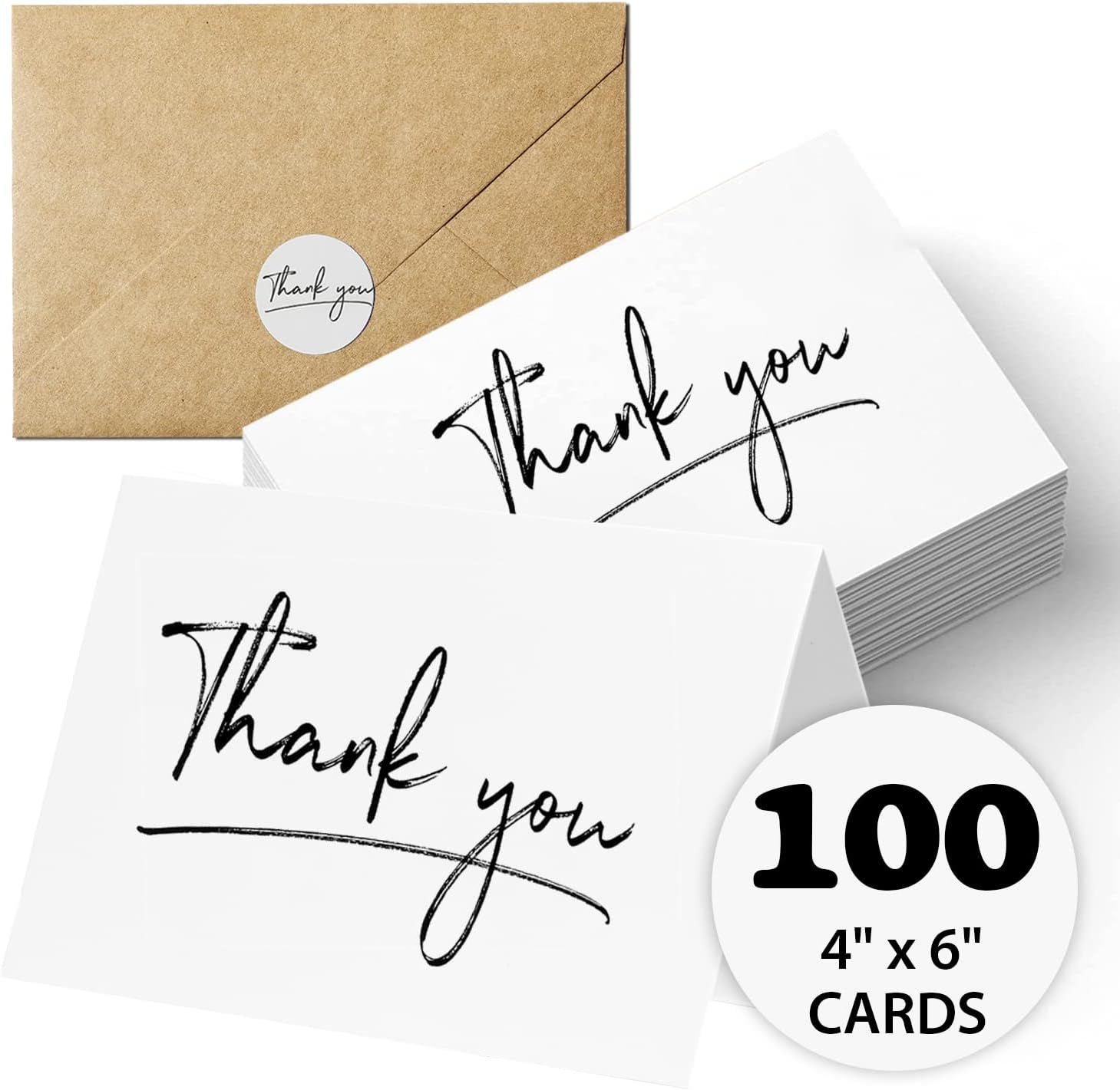InstaDecor 100 Packs Thank You Cards with Envelopes and Stickers, White Thank You Notes Bulk Set for Wedding, Business, Bridal Shower, Christmas and Graduations, 4x6 Inch White 100 Pcs