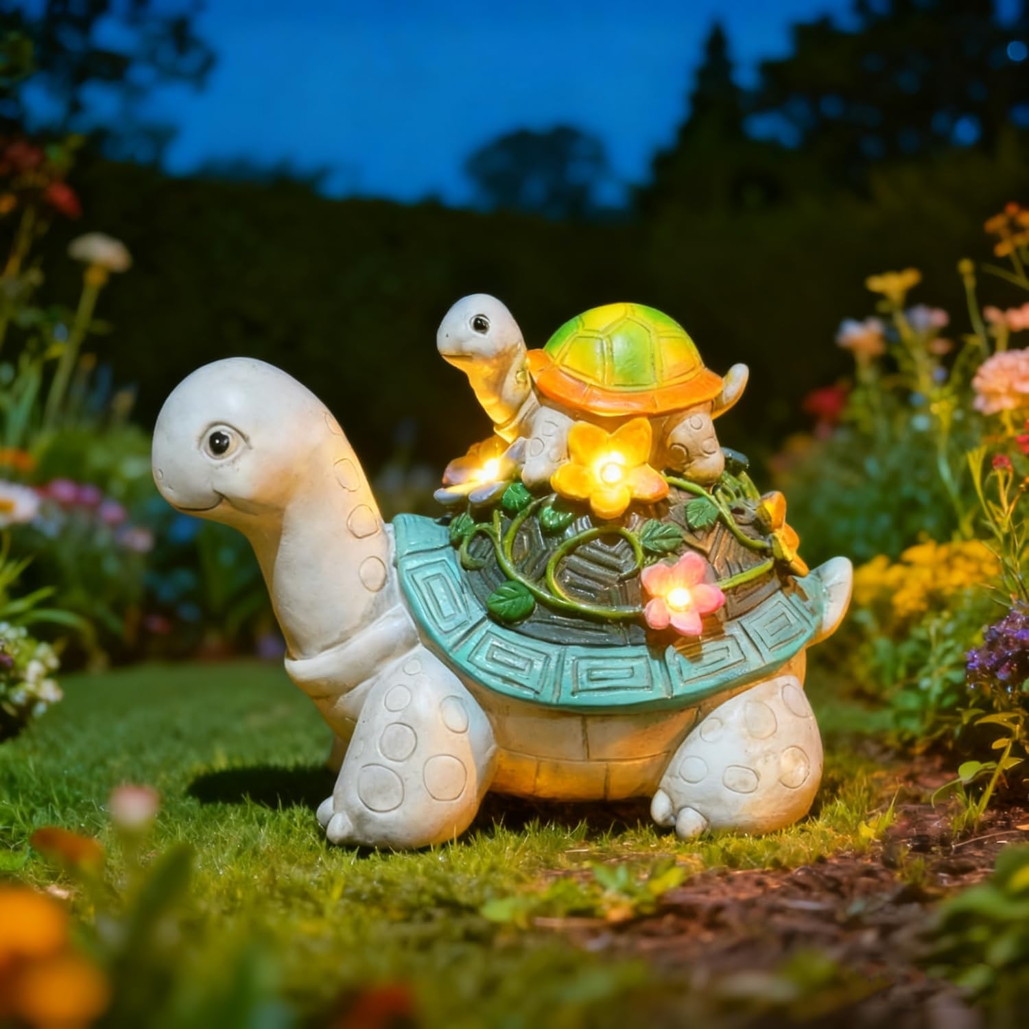 Solar Garden Outdoor Statues Turtle with Succulent and 7 LED Lights, Cute Outdoor Turtle Decor for Patio, Balcony, Yard Ornament, Funny Tortoise Figurine Lights Lawn Art, Present for Grandma, Mum
