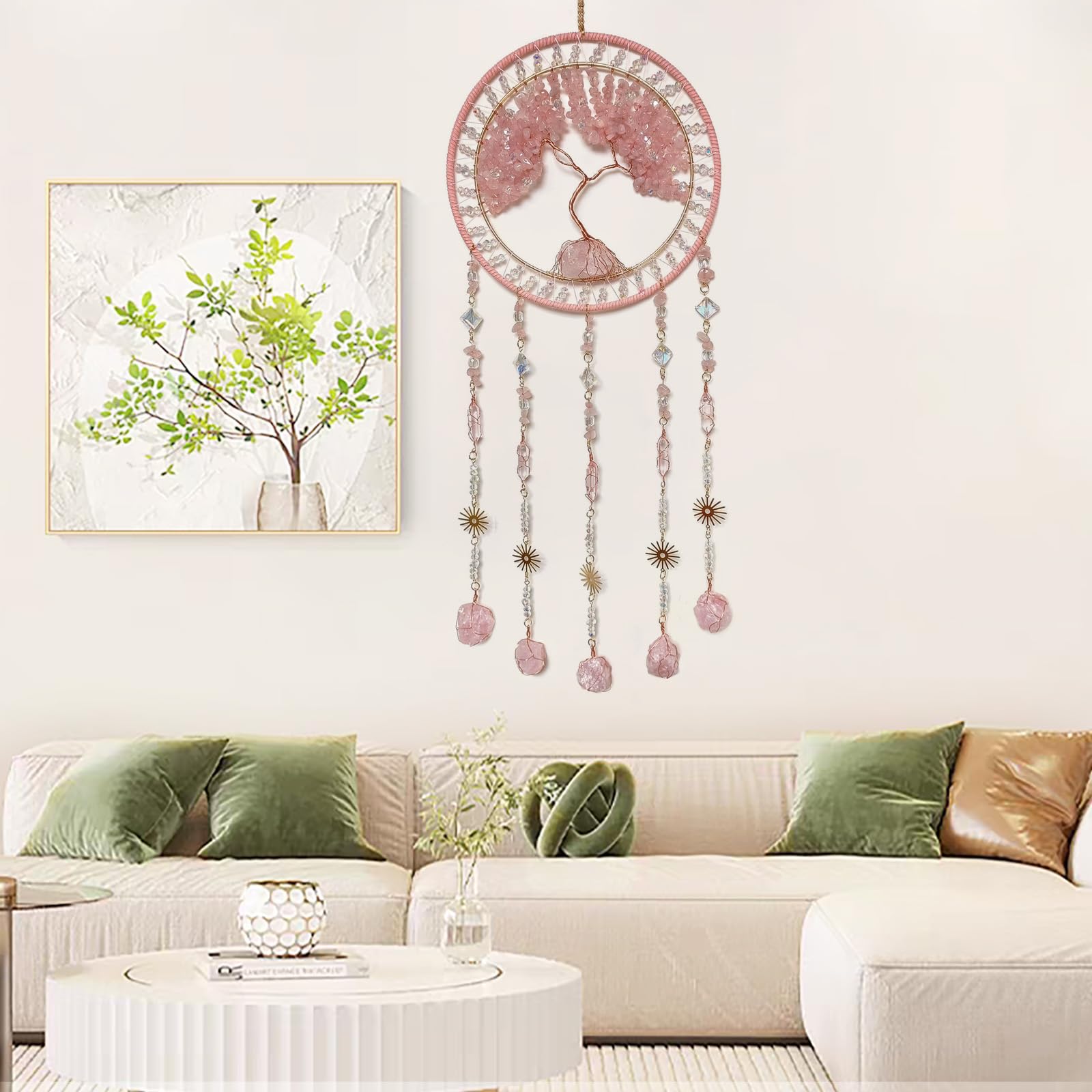 Kristall Baum des Lebens Traumfänger mit Stein Anhänger Rosa Traumfänger Wanddekoration Handgemachte Traumfänger Wandbehang Ornament für Schlafzimmer Wohnzimmer Wohnkultur