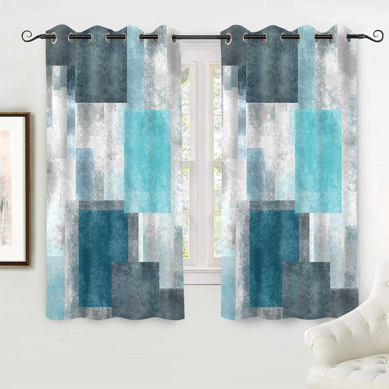 Teal White Blackout Curtains Turquoise Abstract Art Grommets Curtain Modern Painting Printed Vintage Thermal Insulated Window Drapes 2 Panels for Living Room Bedroom Kitchen Cafe, 42x63in