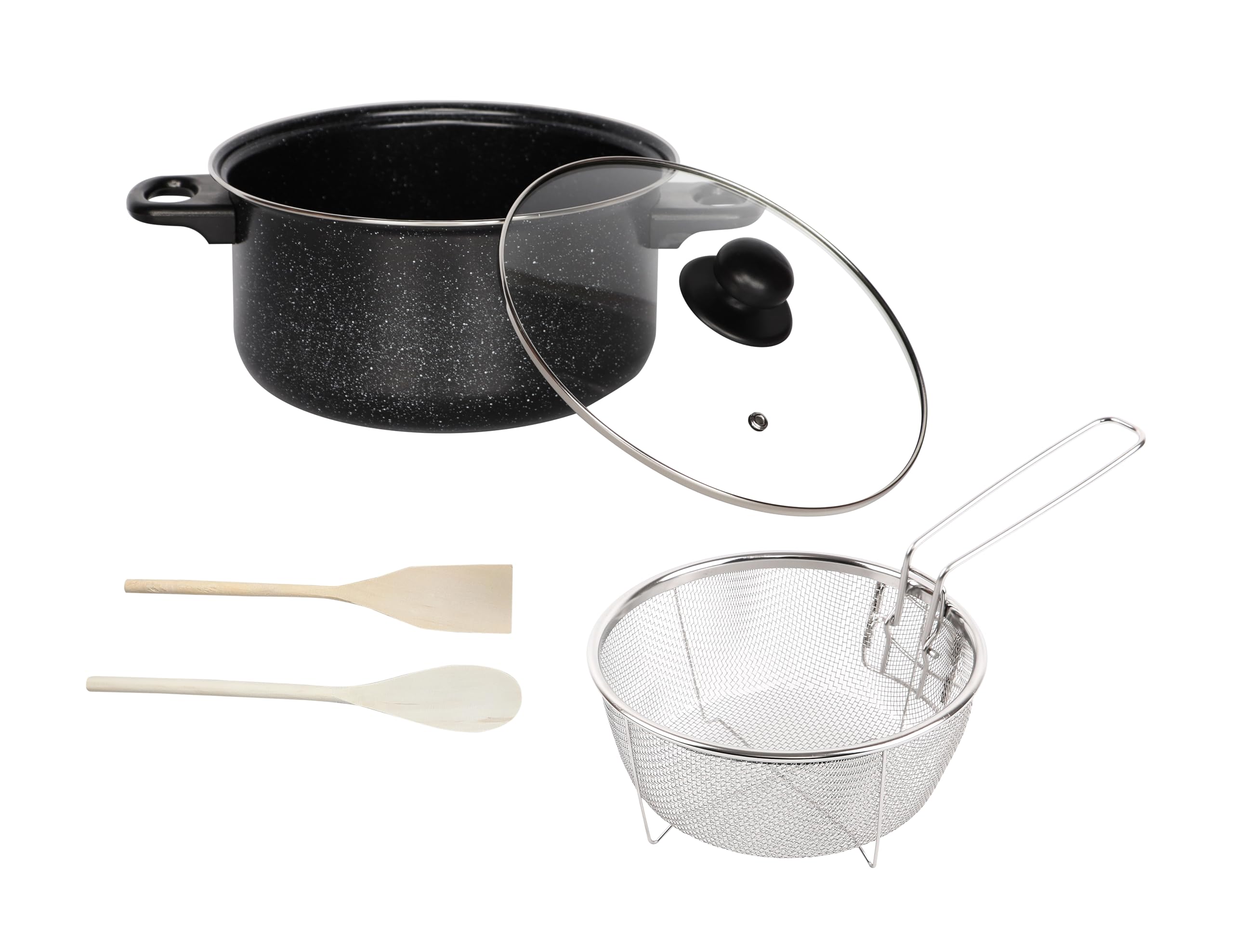 Black Marble 24cm Non Stick Chip Pan Set With Wire Basket 2 Chop Sticks and Glass Lid Deep Fat Fryer Set Home Kitchen Stove 4-in-1 Chip Pan Fryer