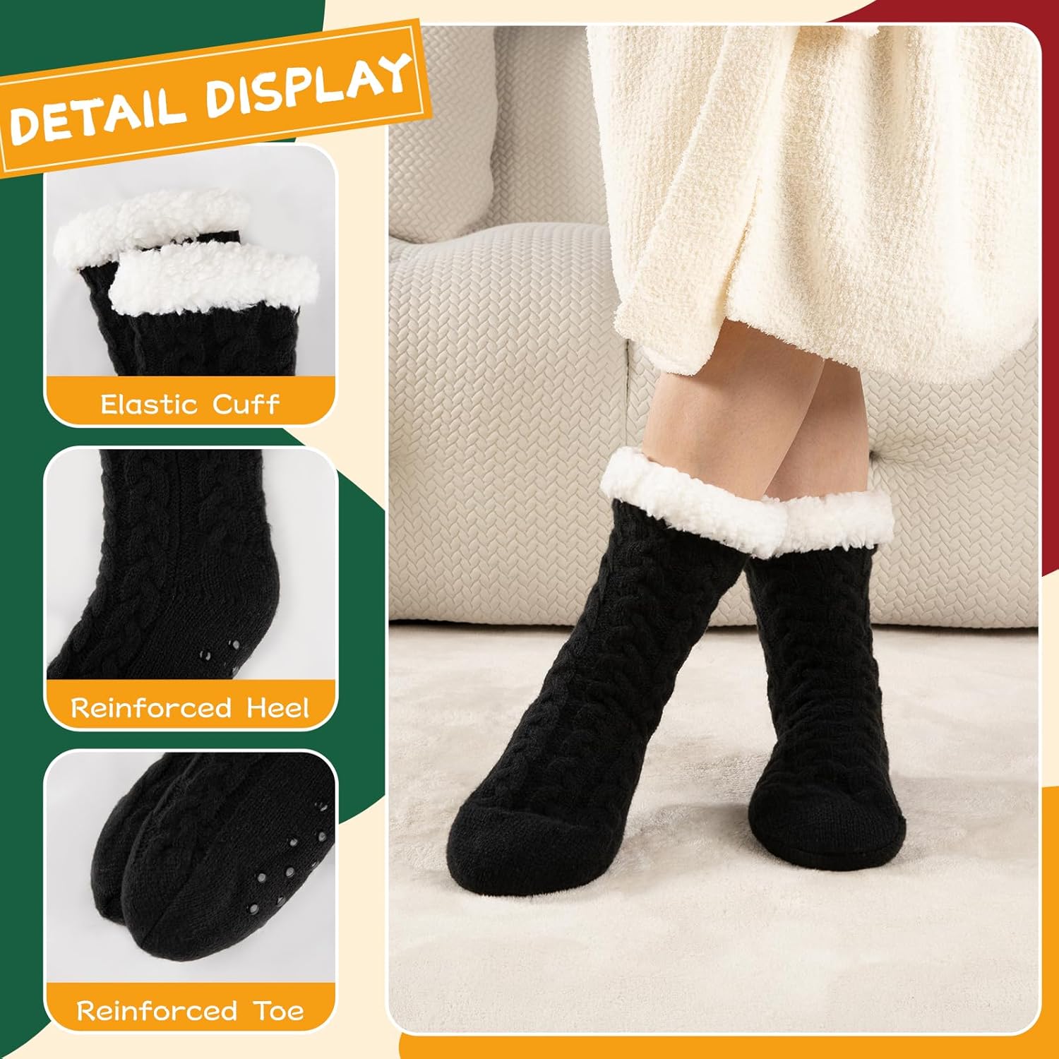 Womens Warm Slipper Socks Winter Knit Fuzzy Cozy Thick Fleece Lined Socks with Grippers Thermal Home Socks - Image 5