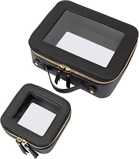 LETGO Clear Makeup Bag Set,Portable Travel Toiletry Bag Cosmetic Case for Women,Vegan Leather Make Up Pouch Organizer Car Bag for Essentials(Mini+Large Black)