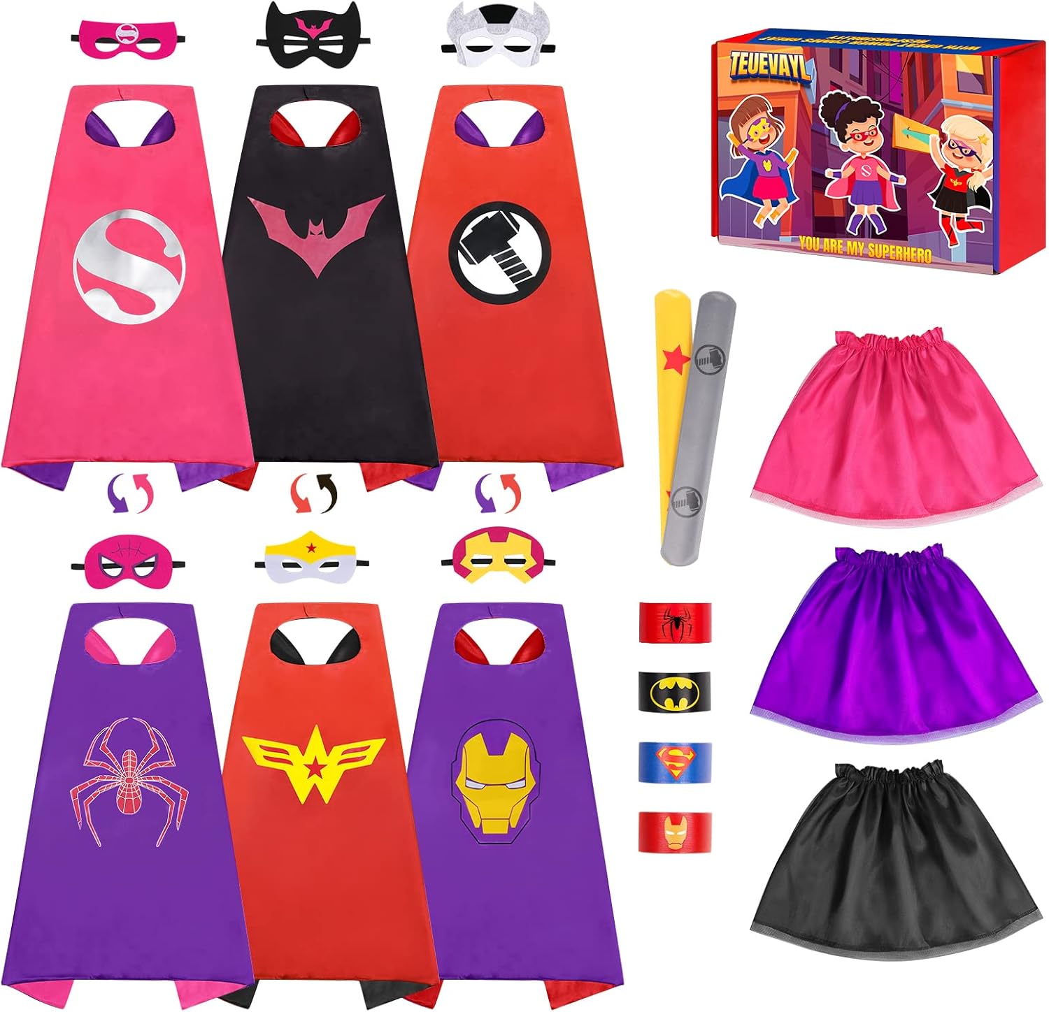 Teuevayl - Capas y máscaras de superhéroe para niñas conjunto de capas y pulseras ropa de vestir con 3 juegos de capas para niños falda tutú para