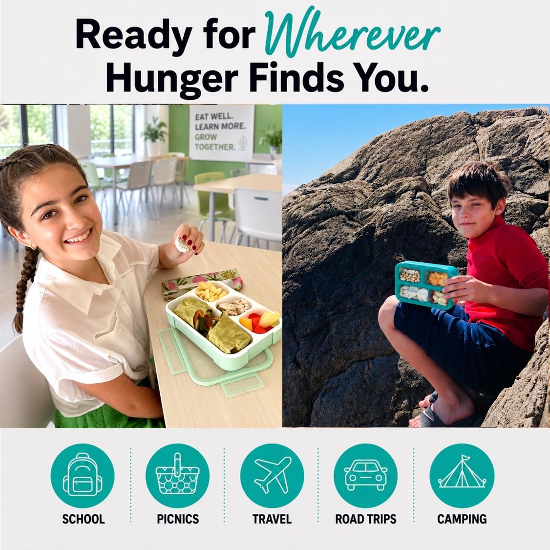 Scatole per il pranzo e snack Bento a tenuta stagna, confezione da 4 contenitori per porzioni per la pianificazione dei pasti, per donne e adulti, senza BPA, utensili - blu, verde