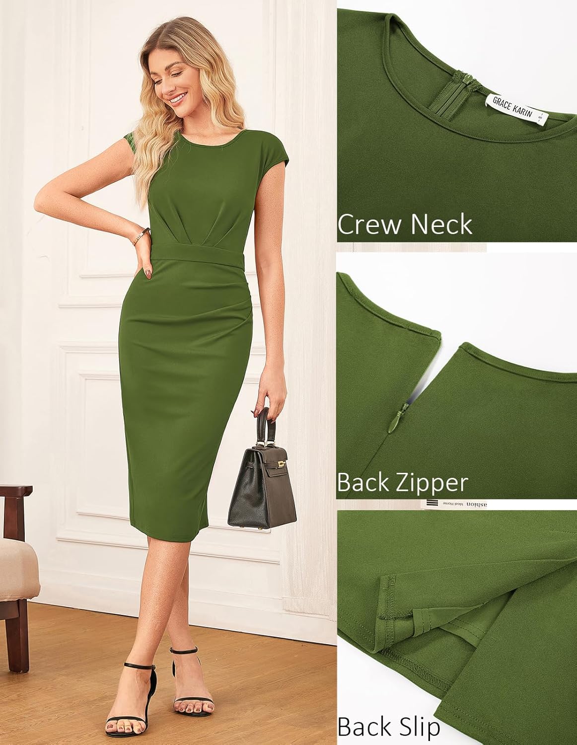GRACE KARIN Women's Wear to Work Dresses 2026 Cap Sleeve Sheath Bodycon Midi Dress Ruched Business Office Pencil Dress - Image 4